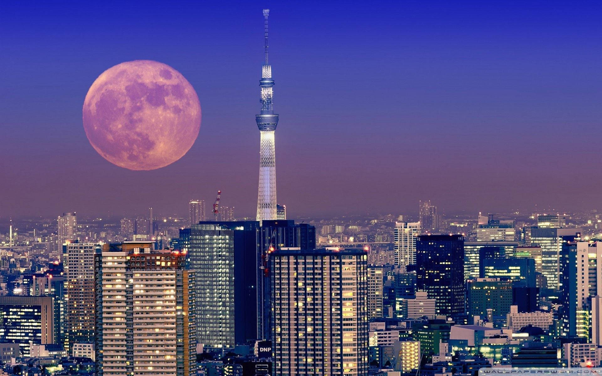 Estéticajaponesa De La Torre De Tokio Y La Luna Para Computadora. Fondo de pantalla