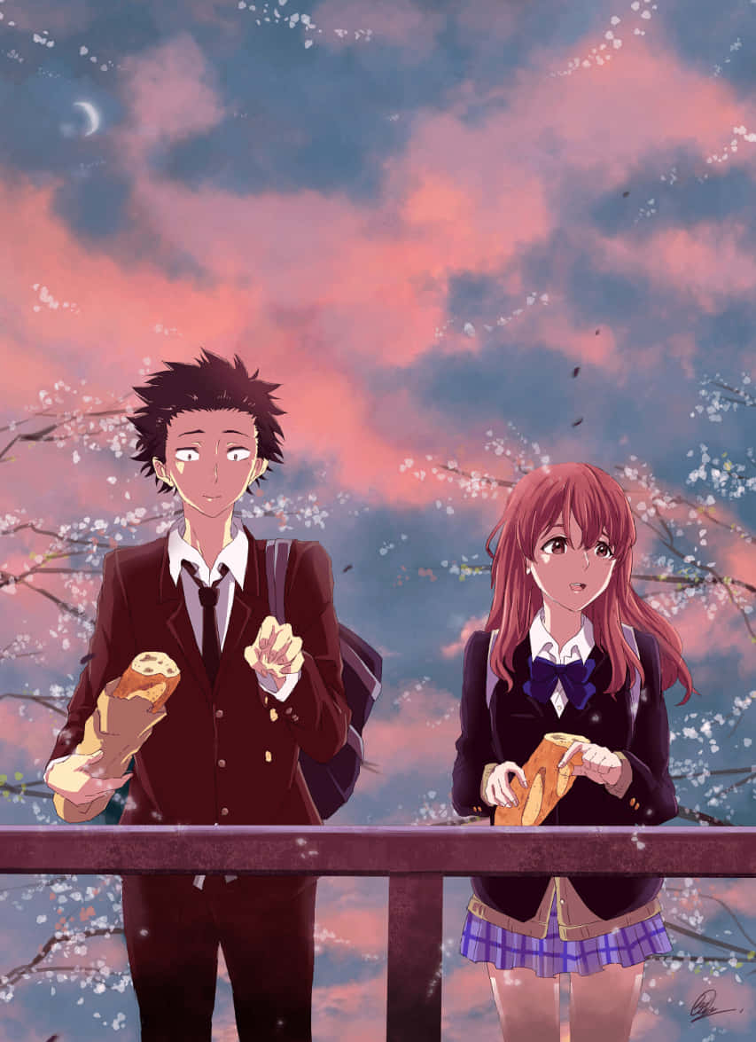 Two Anime Characters Standing On A Railing Wallpaper