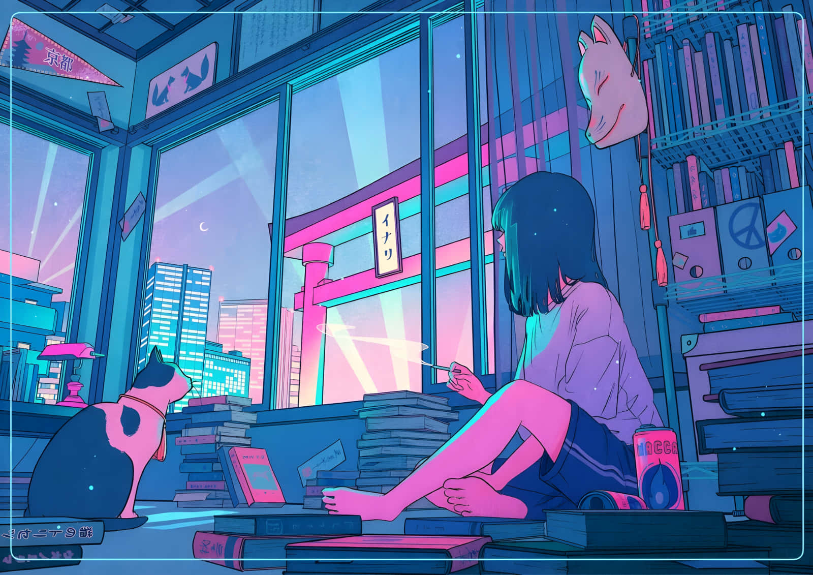 A Girl Sitting In Front Of A Window With A Cat Wallpaper