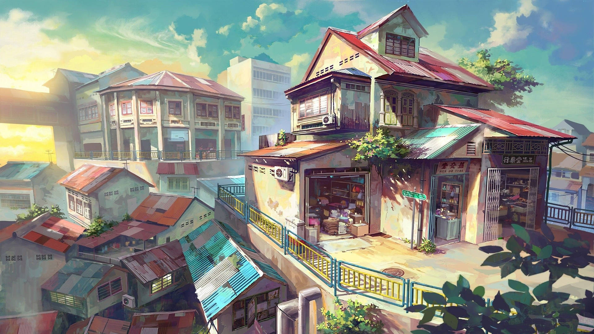 Japanese Anime City Market Wallpaper