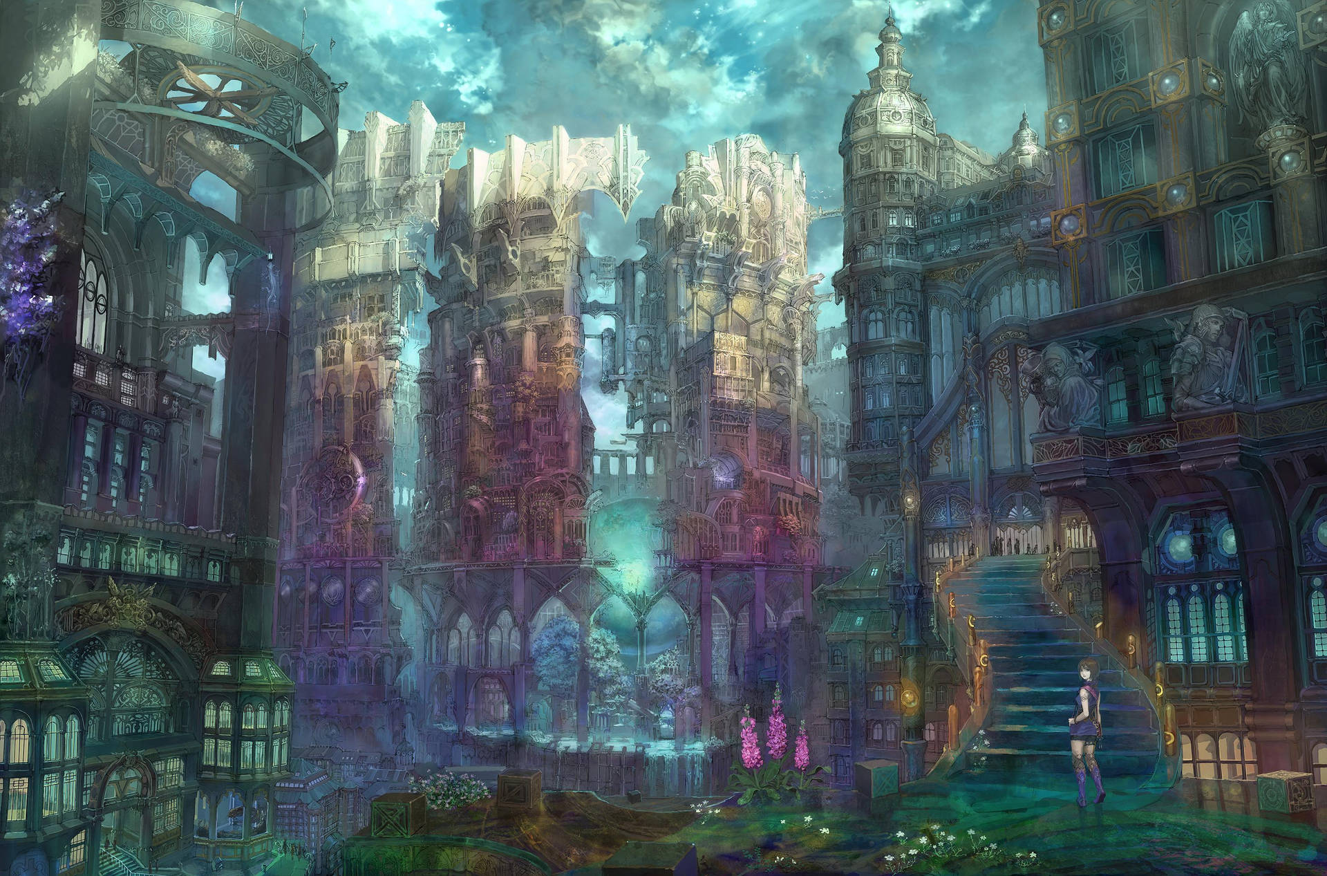 Japanese Anime City With Gothic Architecture Wallpaper