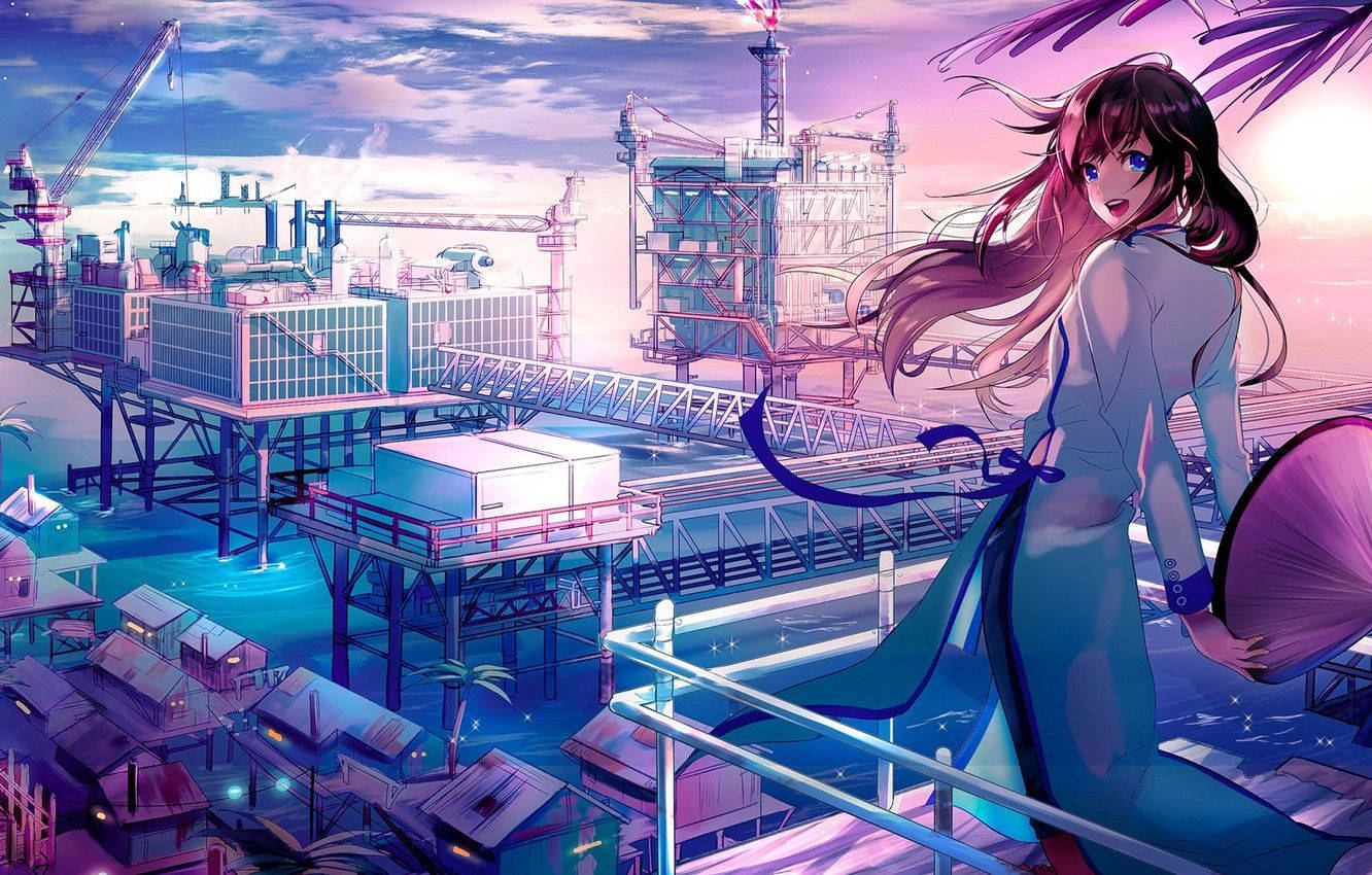 Japanese Anime City With Young Girl Wallpaper