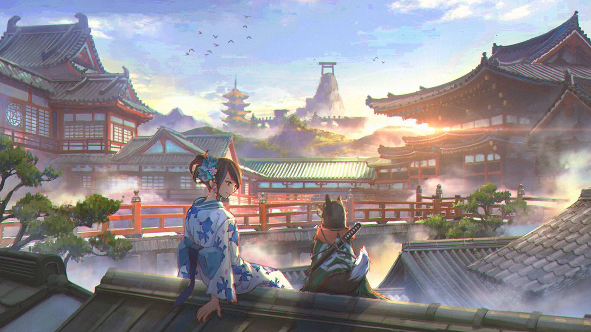 Japanese Anime Dog Kimono Background