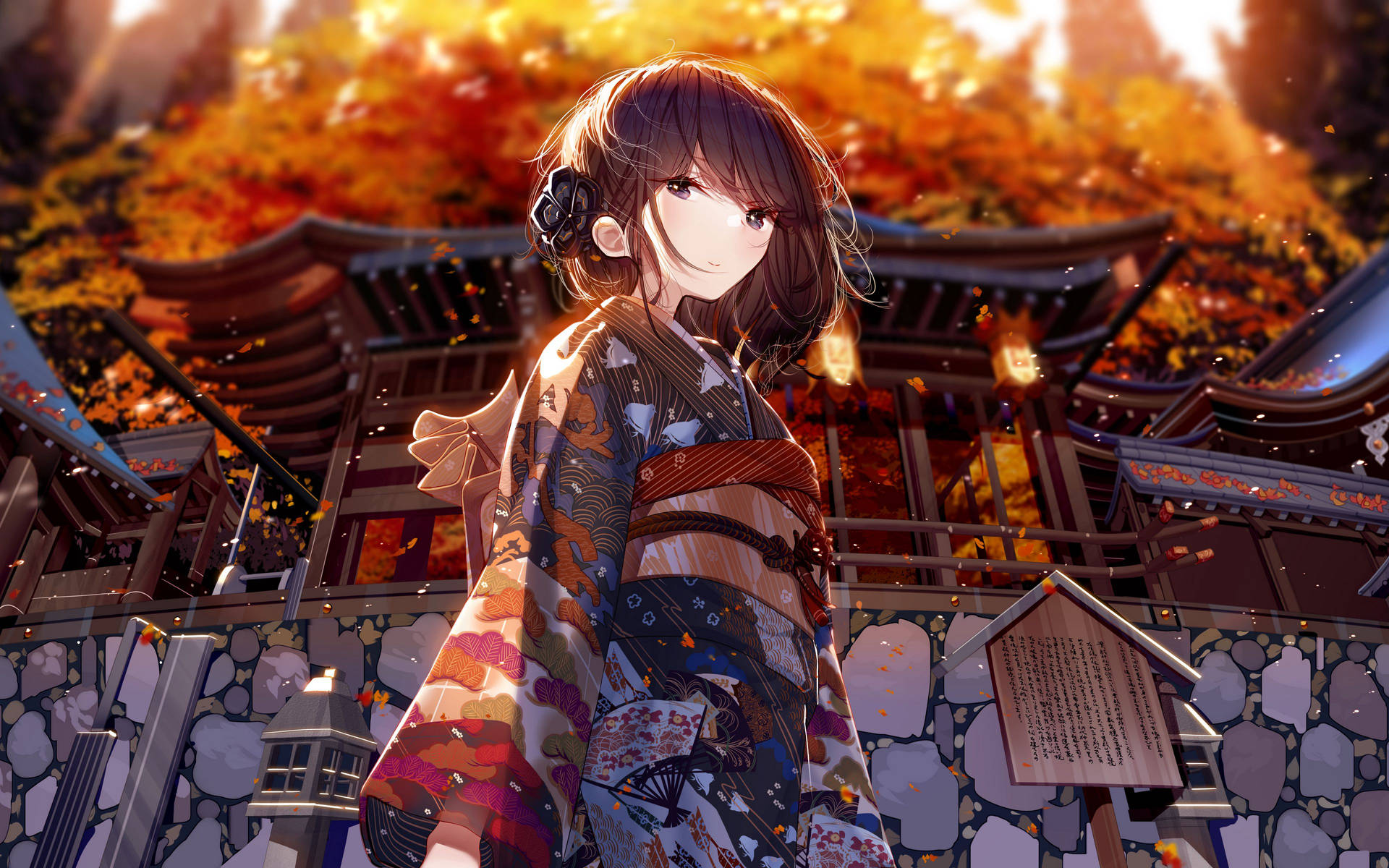 Japanese Anime Girl In Black Kimono Background