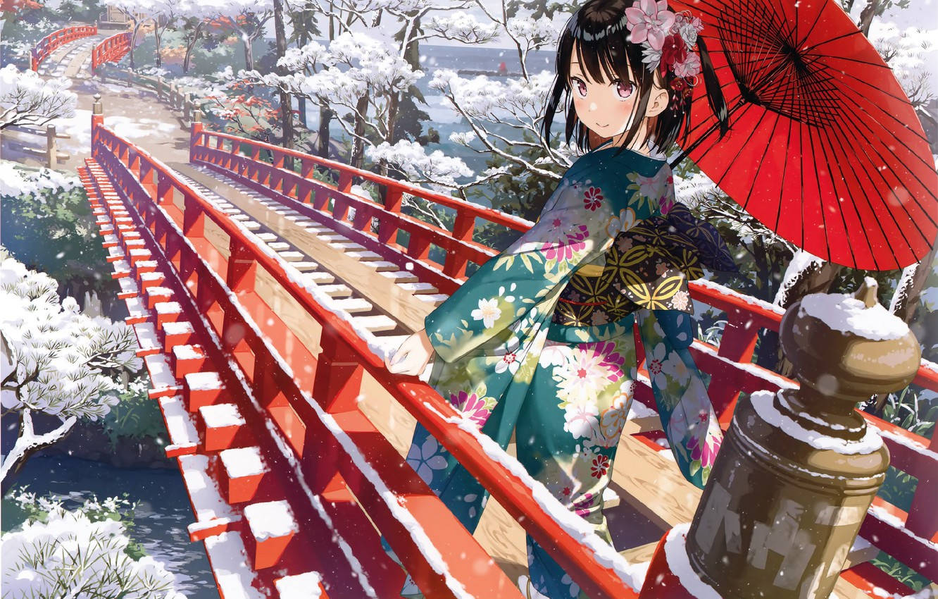Japanese Anime Girl In Kimono With Red Umbrella Wallpaper