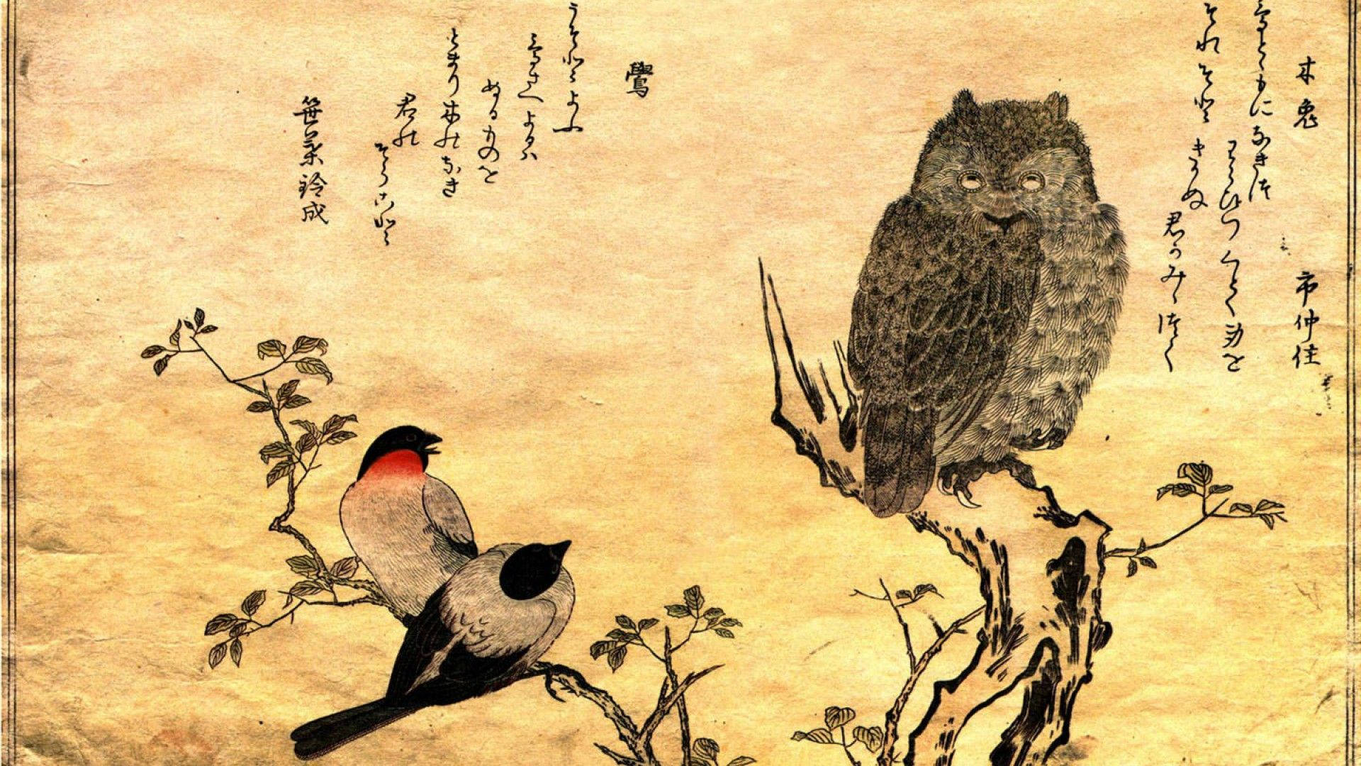 Ancient Japanese Art-Owl and Birds Wallpaper
