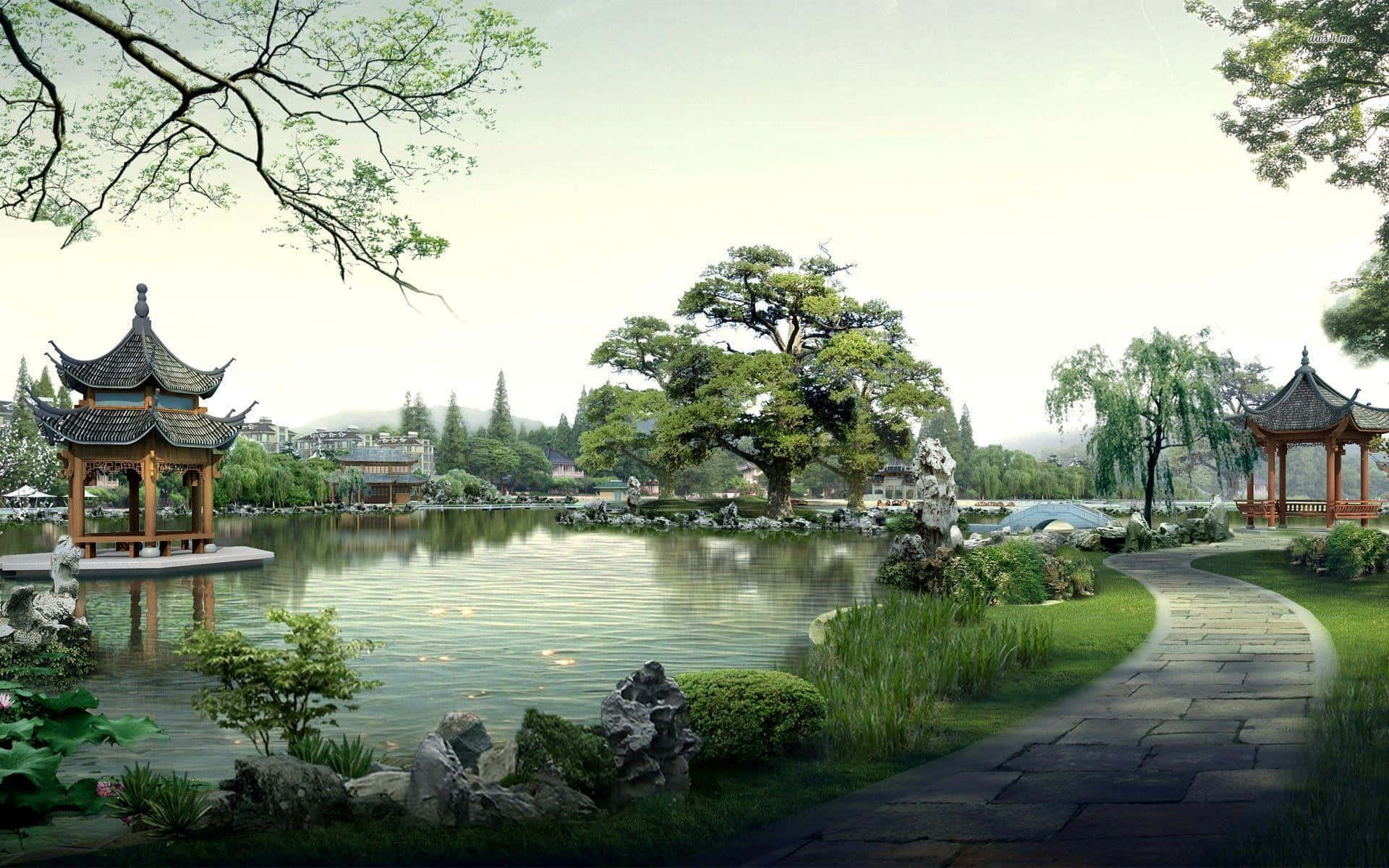 A Chinese Garden With A Pond And Pavilion