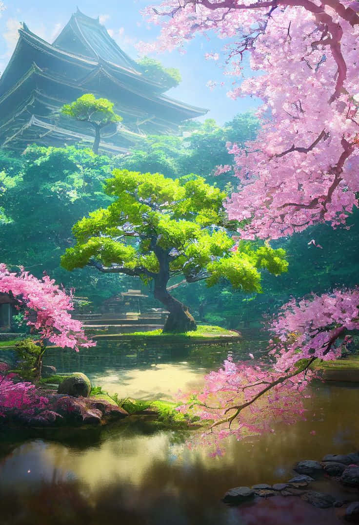 Japanese Cherry Blossom Pagoda Scenery Wallpaper