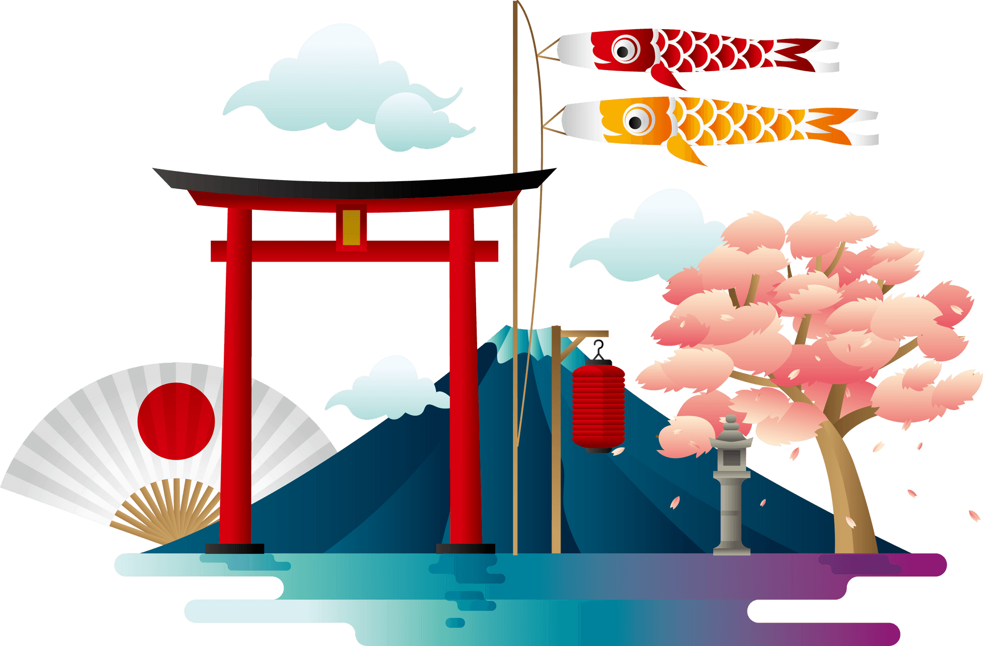 Japanese Cultural Symbolswith Mount Fuji Background PNG