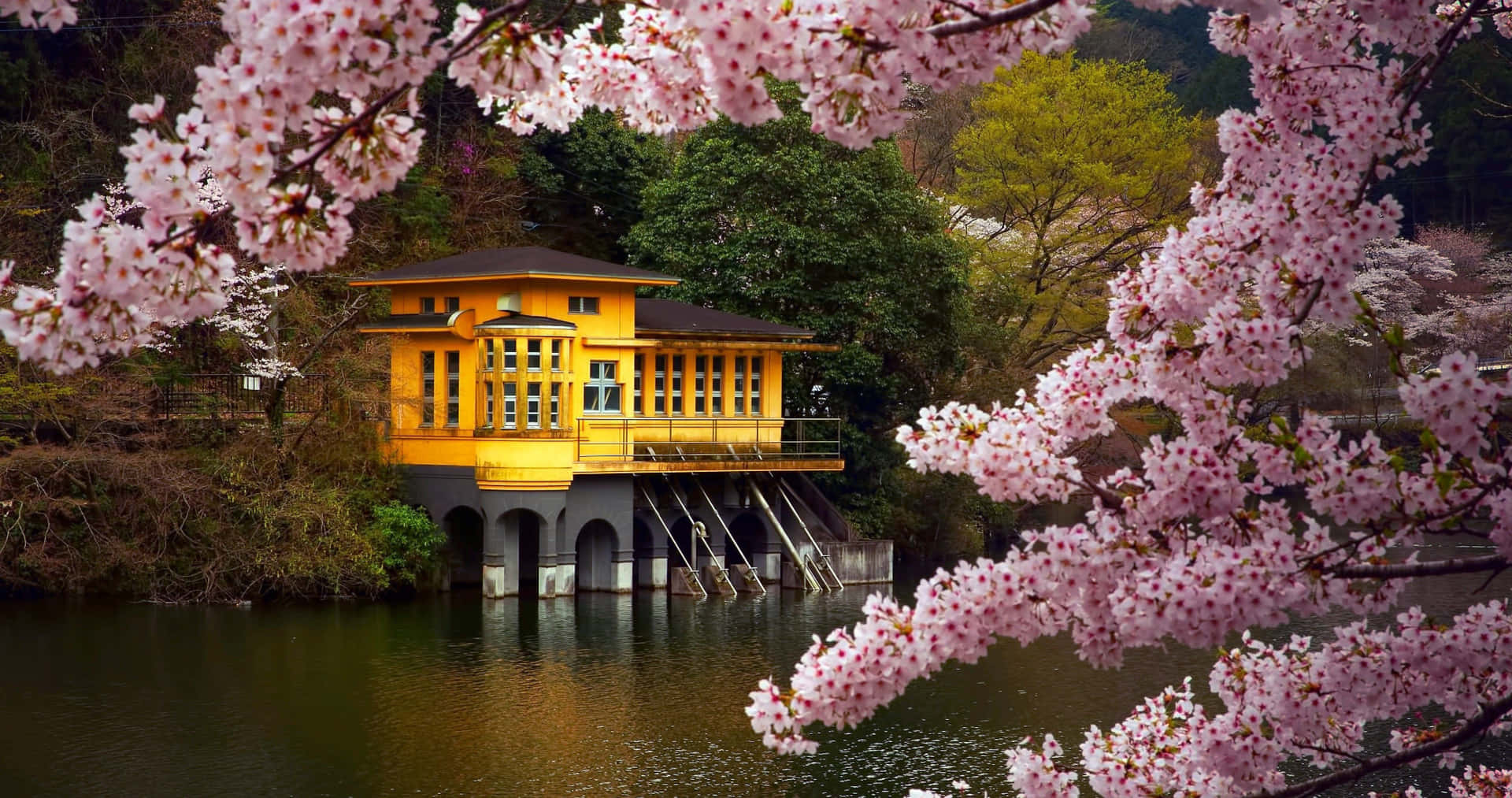 Japanese Lake Side House Desktop Wallpaper