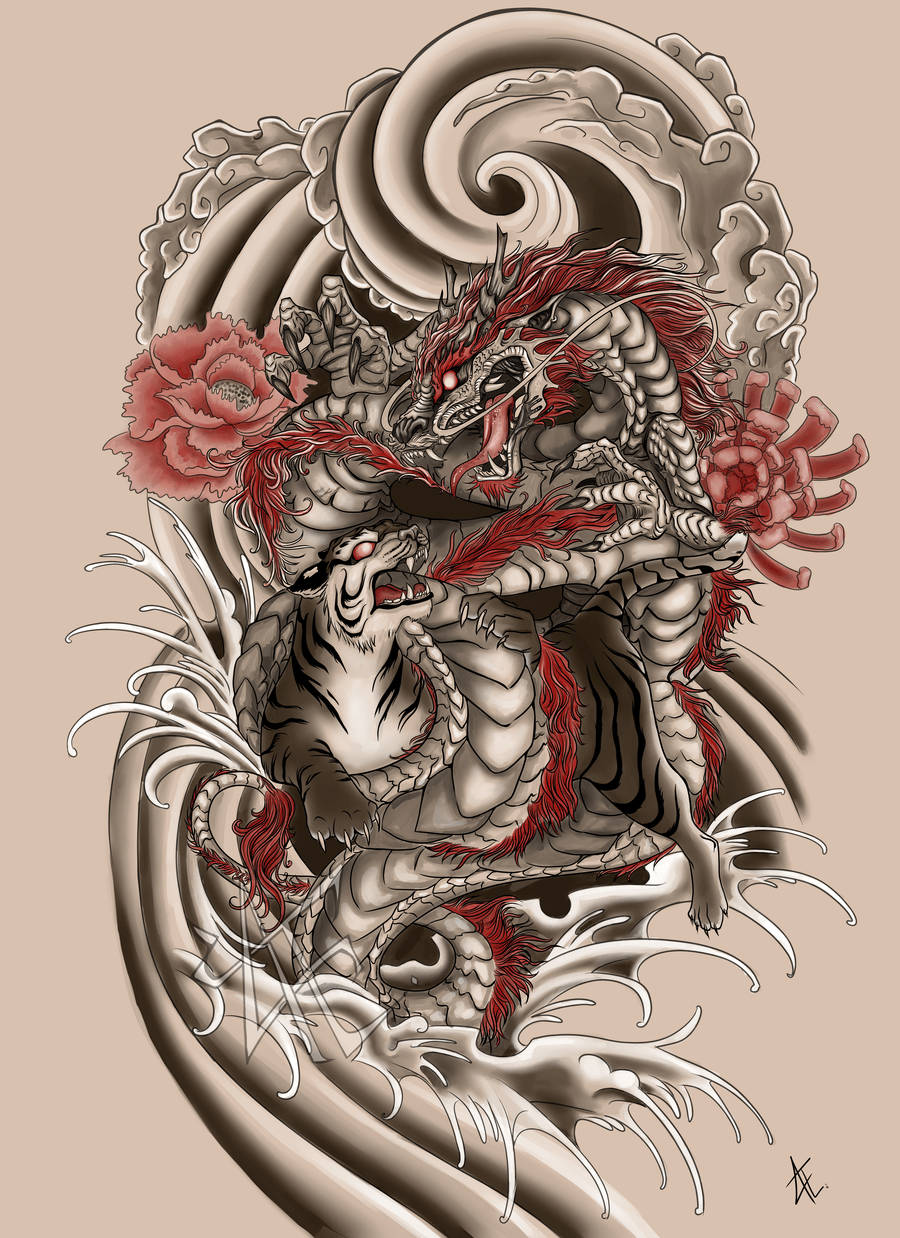Japansk Drac Art og Vred Tiger Mønstre. Wallpaper