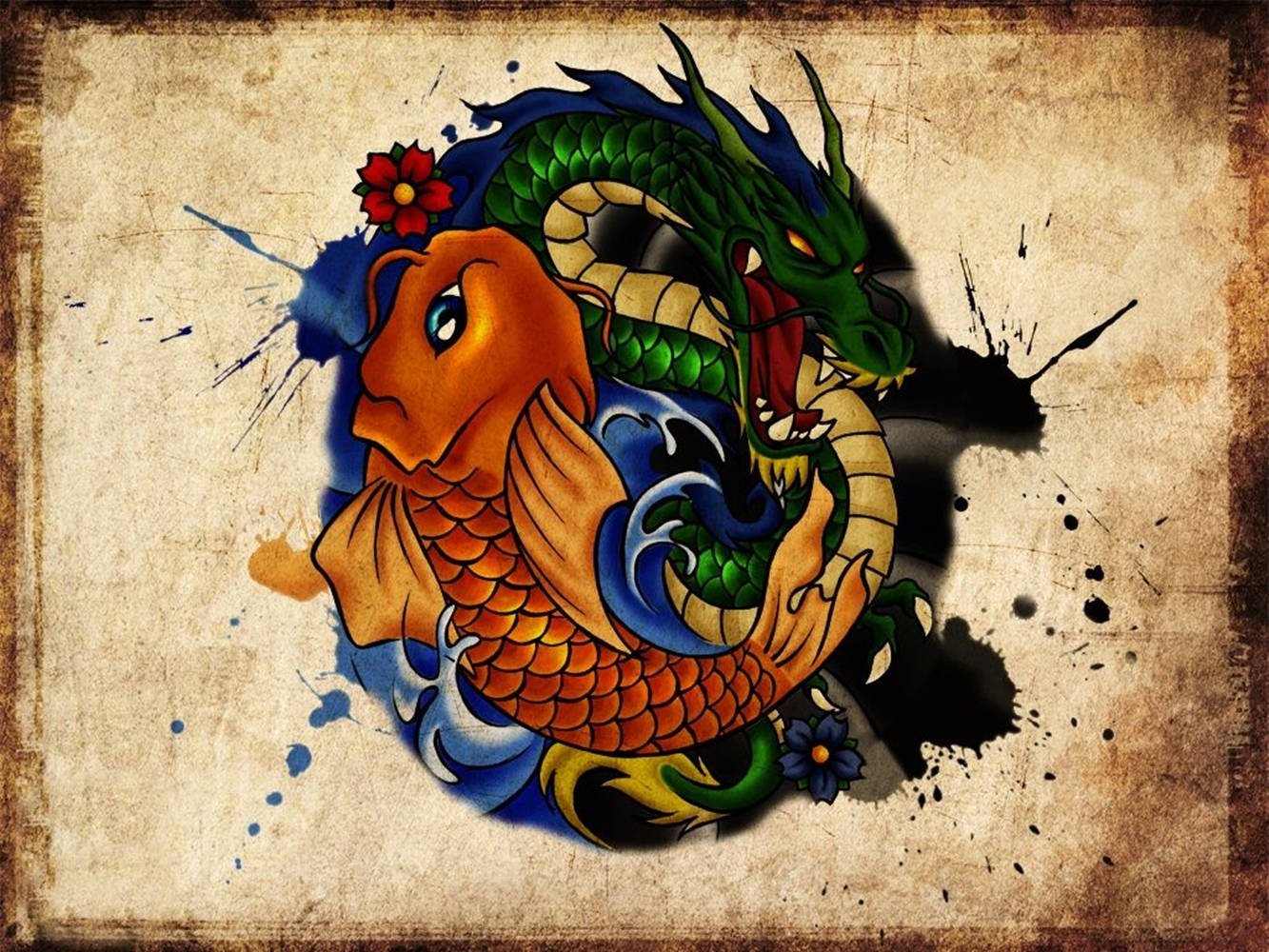 Japanese Dragon Art And Orange Koi Wallpaper