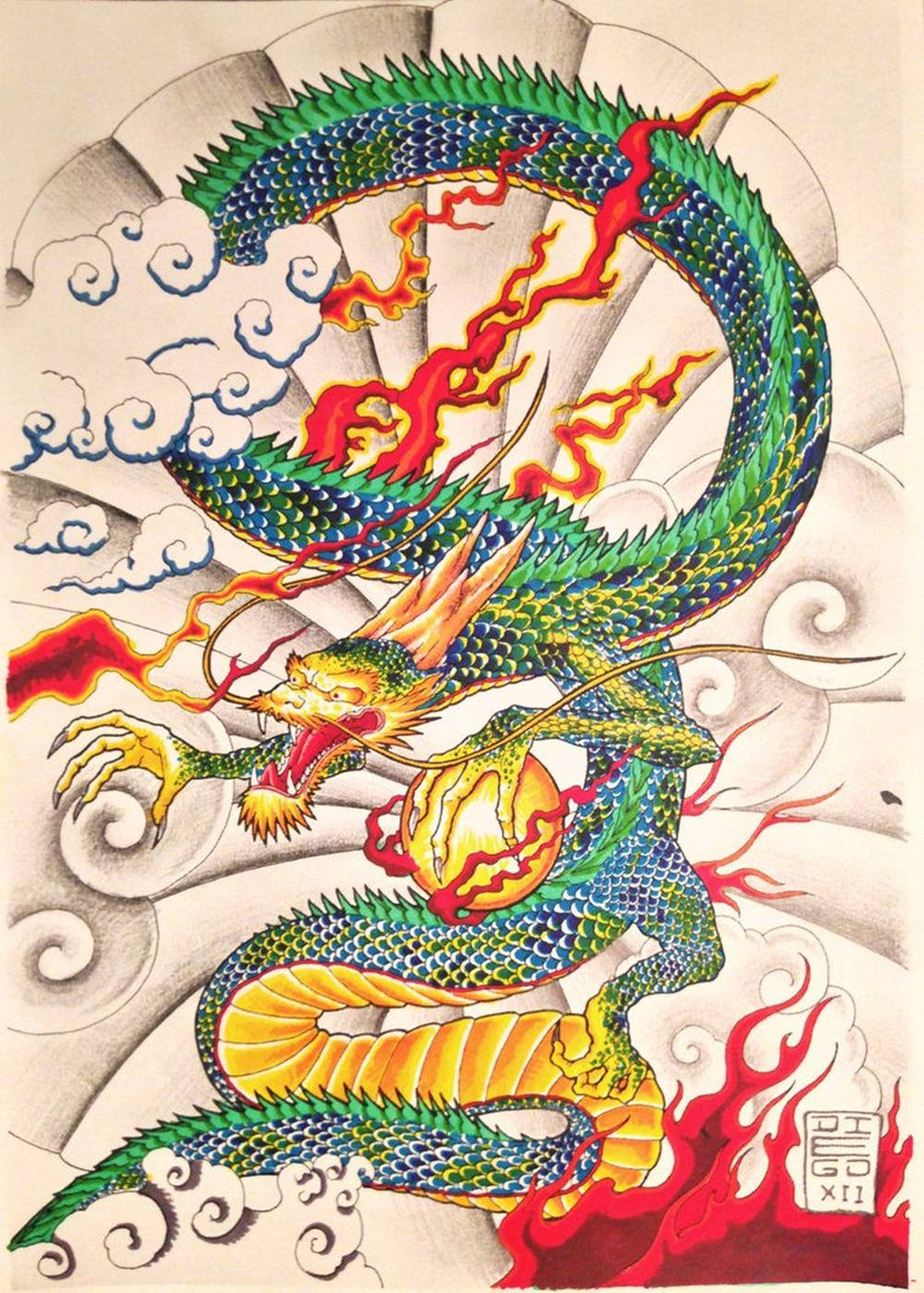 Japanese Dragon Art Green-scaled Dragon Background