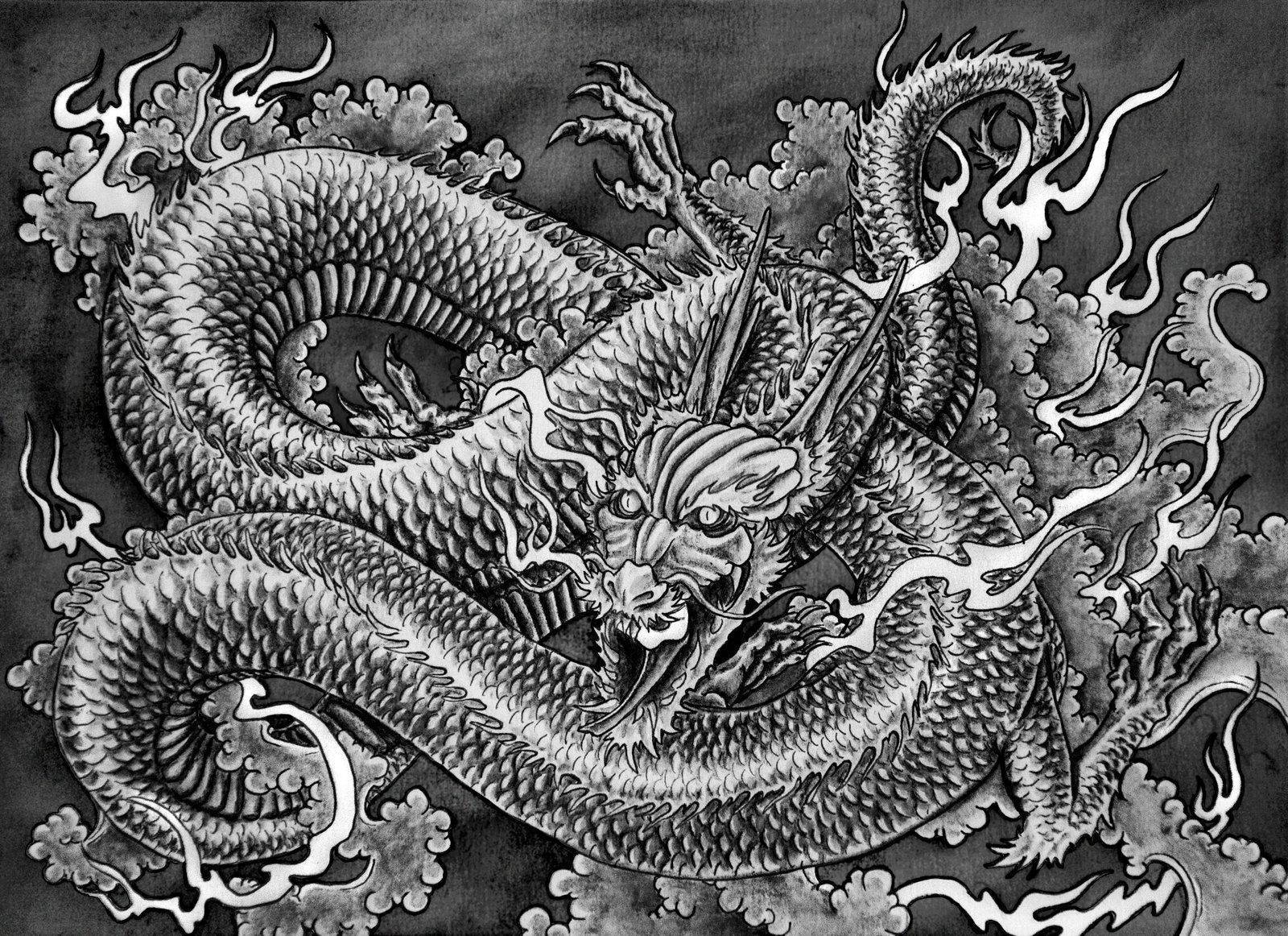 Japanese Dragon Art In Greyscale Color Background