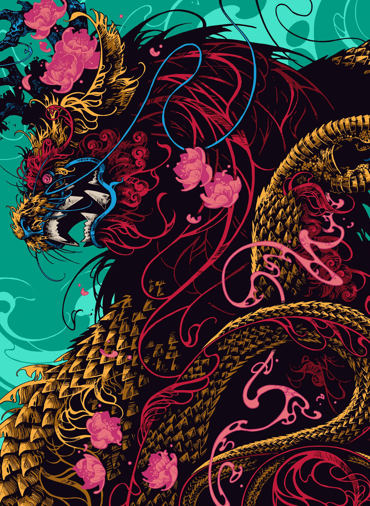 Japanese Dragon Art With Pink Lotus Wallpaper
