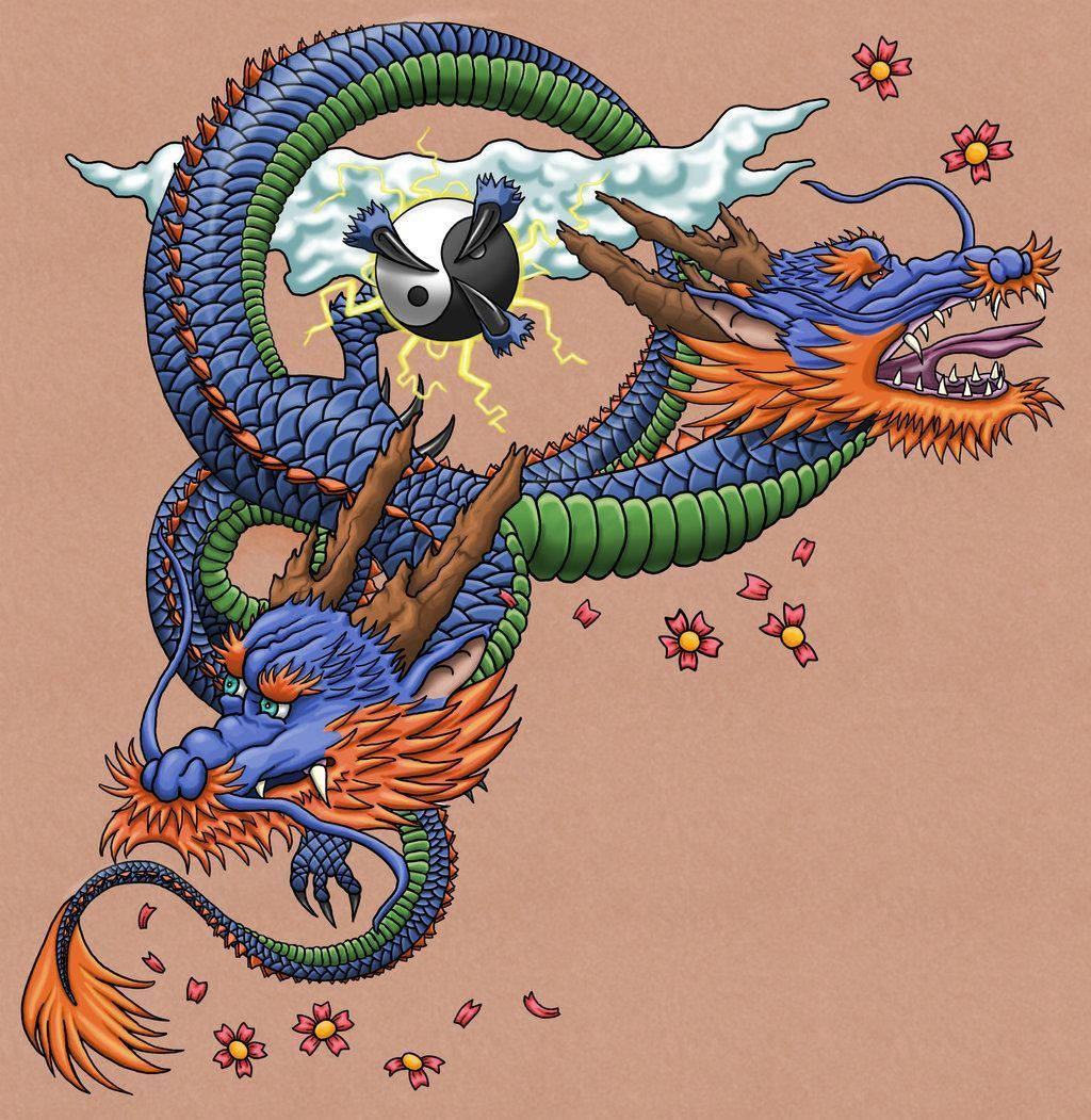 Japanese Dragon Art With Two Heads Wallpaper