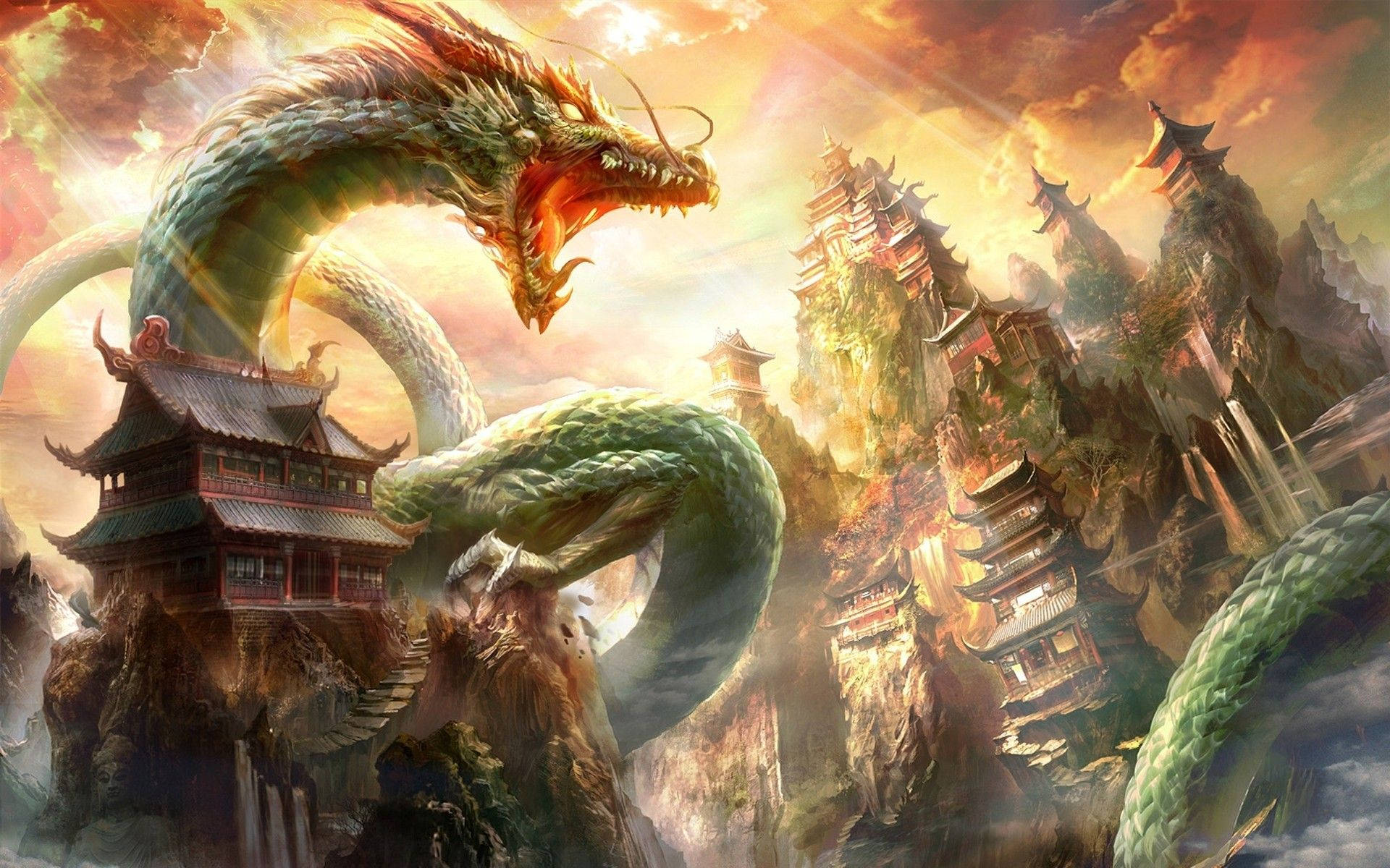Japanese Dragon In A Temple Wallpaper