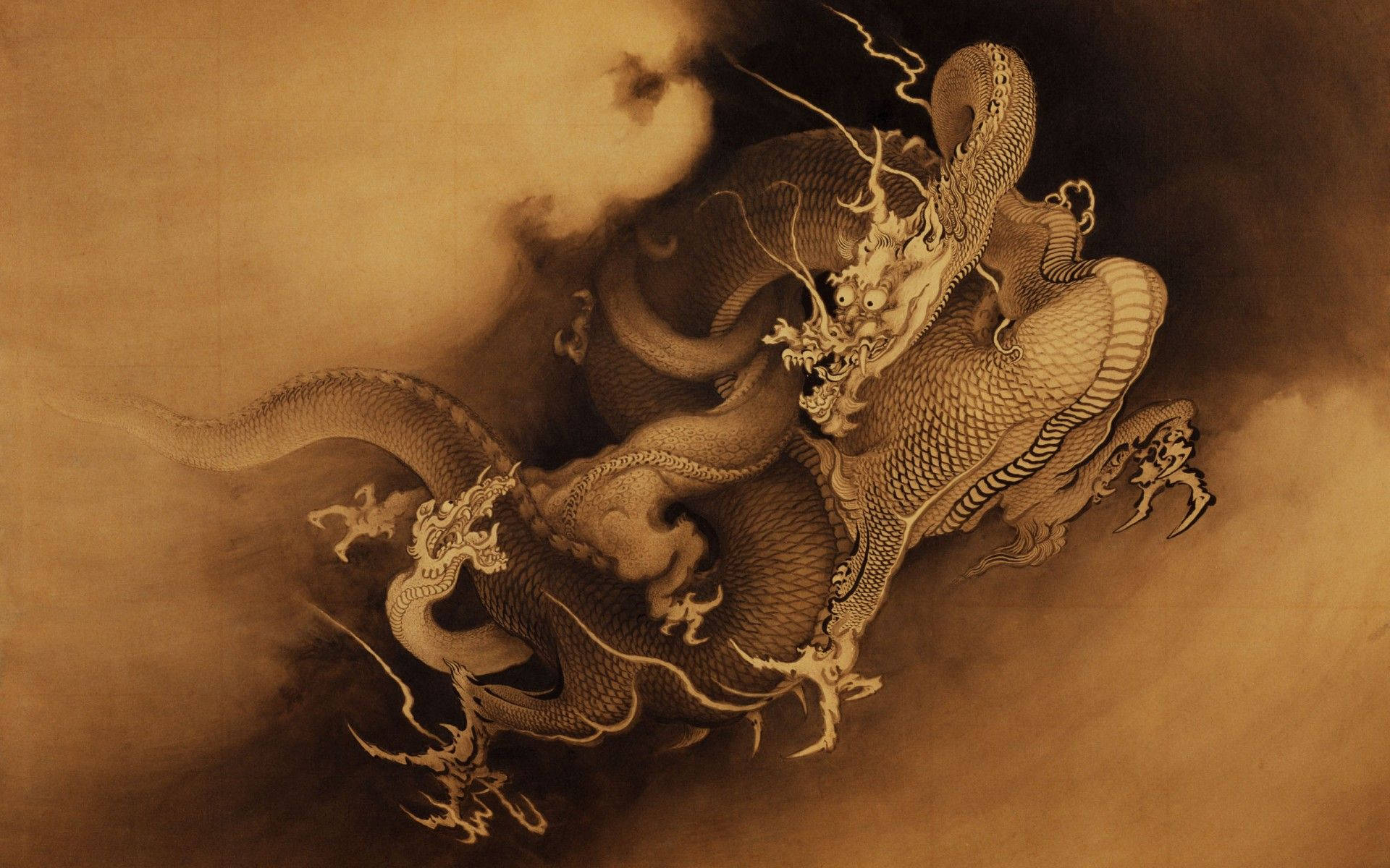 Japanese Dragon In Brown Scroll Wallpaper