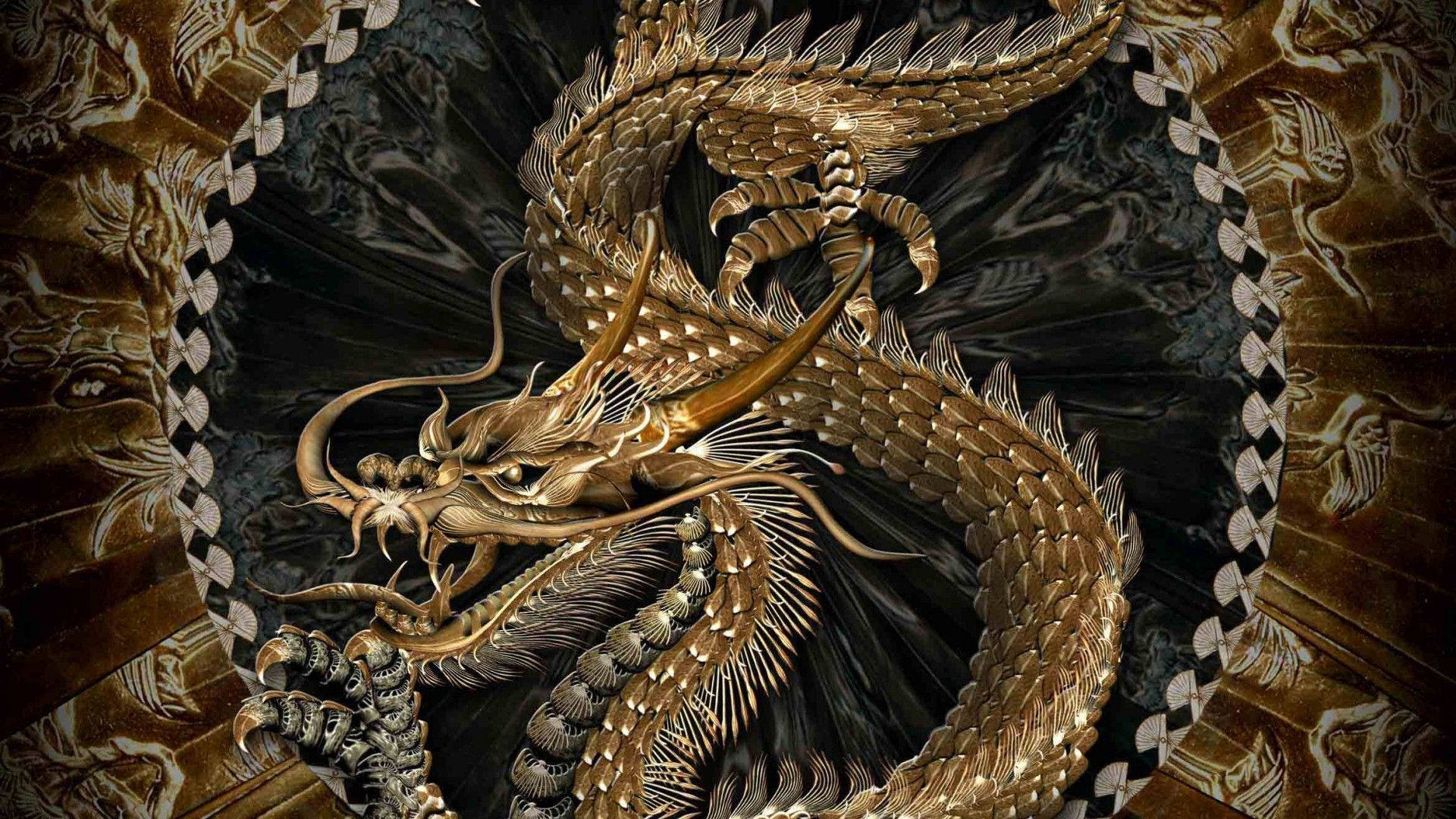Japanese Dragon In Gold Color Wallpaper