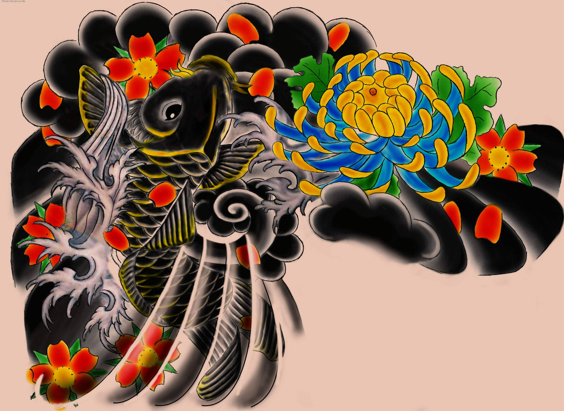 Designde Tatuagem De Dragão Japonês Com Peixe Koi. Papel de Parede