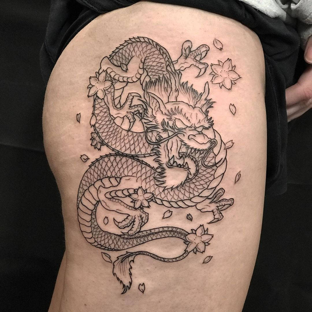 Awesome Black Ink Dragon Tattoo On Leg Calf