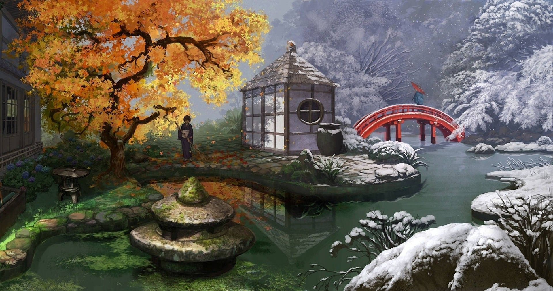 Japanese Garden Paint Art Background