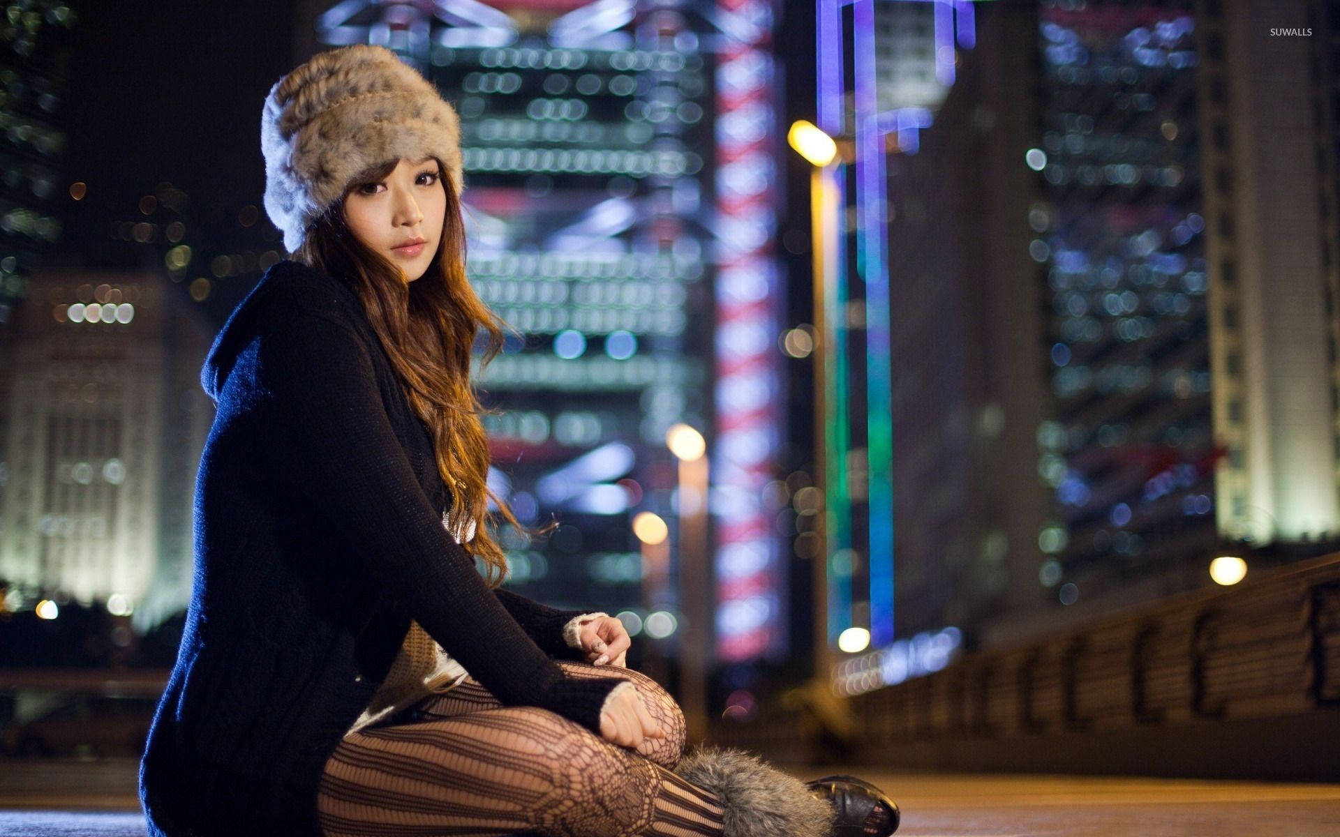 Japanese Girl In City At Night Picture