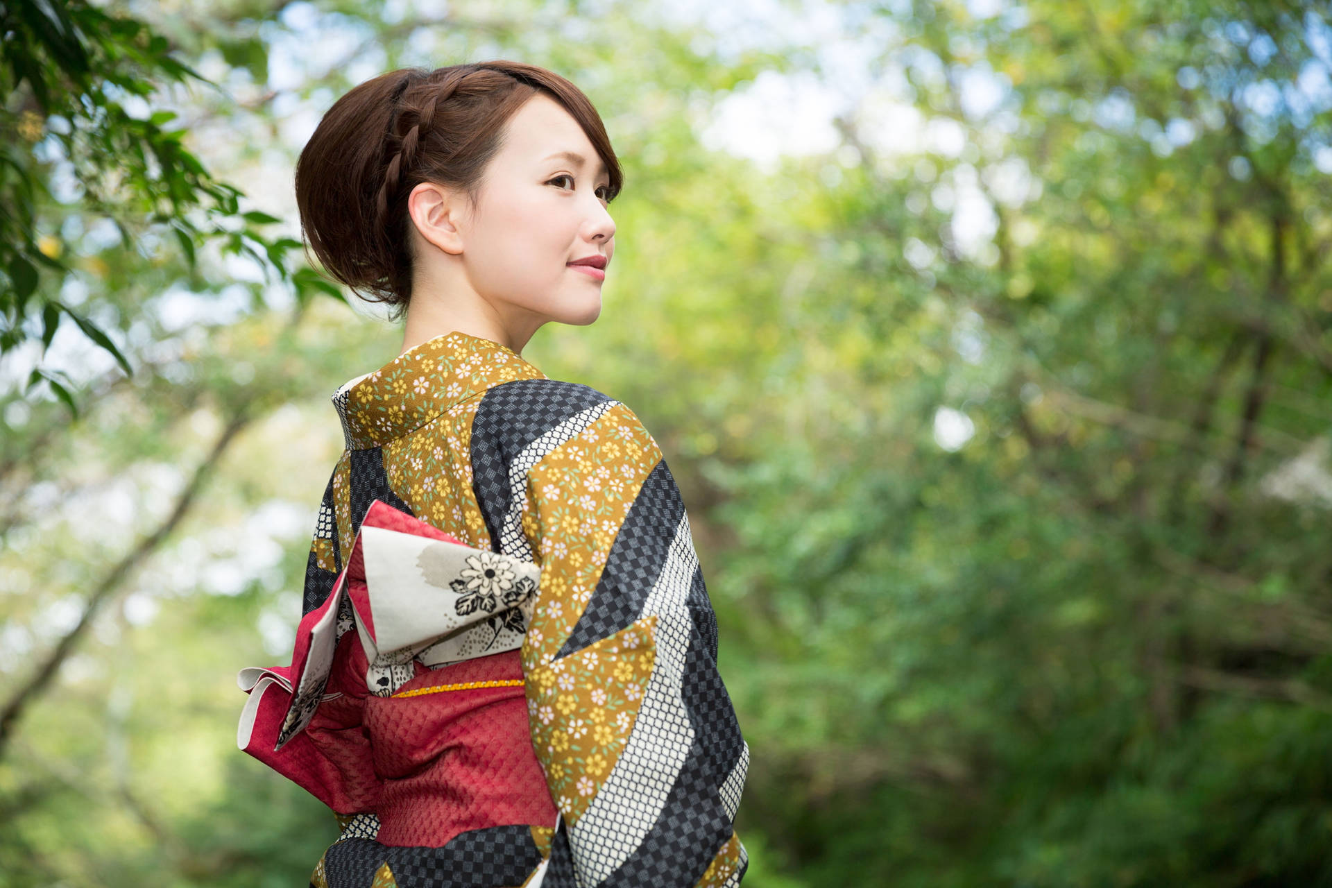 Japanese Girl In Patterned Kimono Background