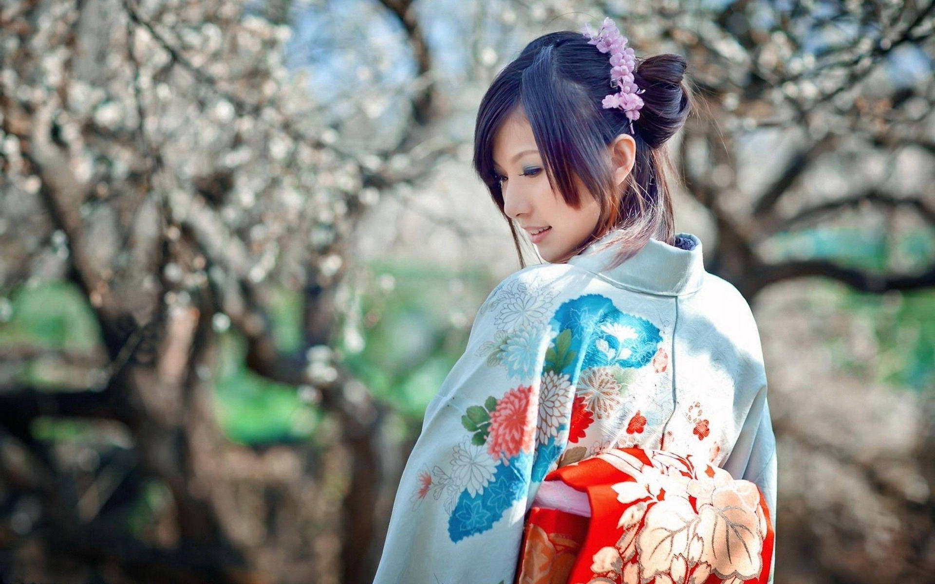 Japanese Girl Wearing Elegant Kimono Background