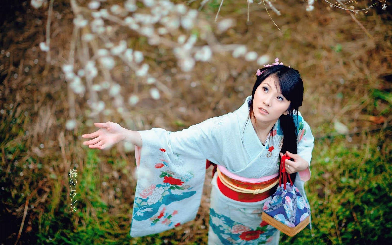 Japanese Girl Wearing Kimono In Forest Background