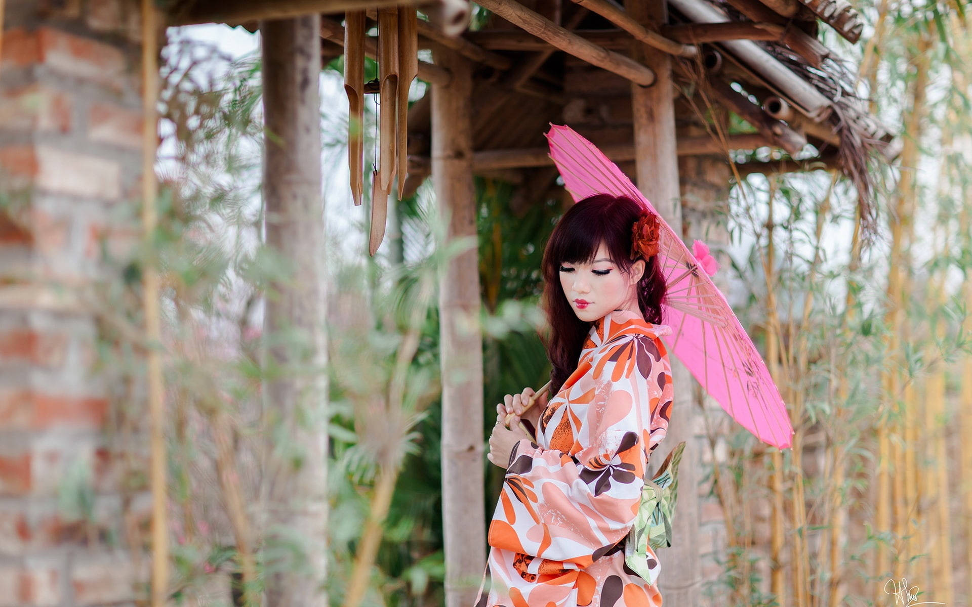 Japanese Girl With Bright Pink Parasol Background