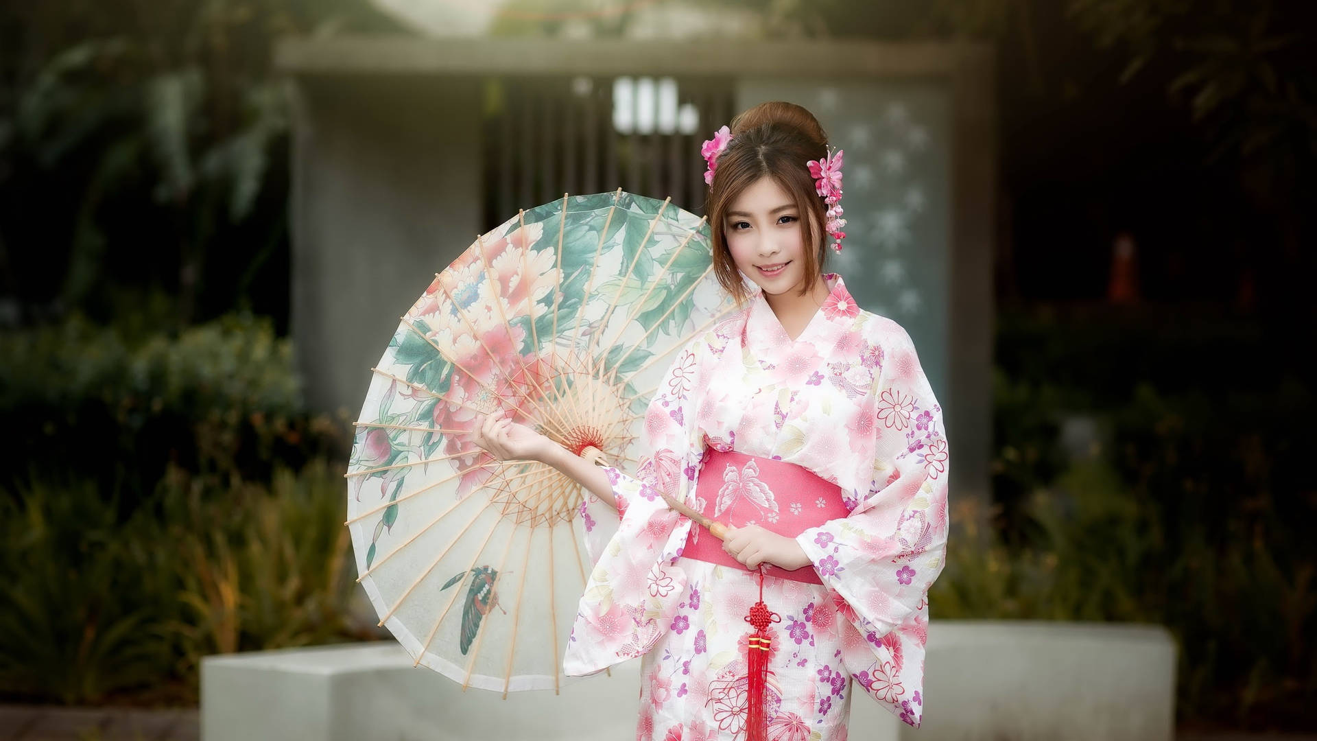 Japanese Girl With Floral Parasol Background