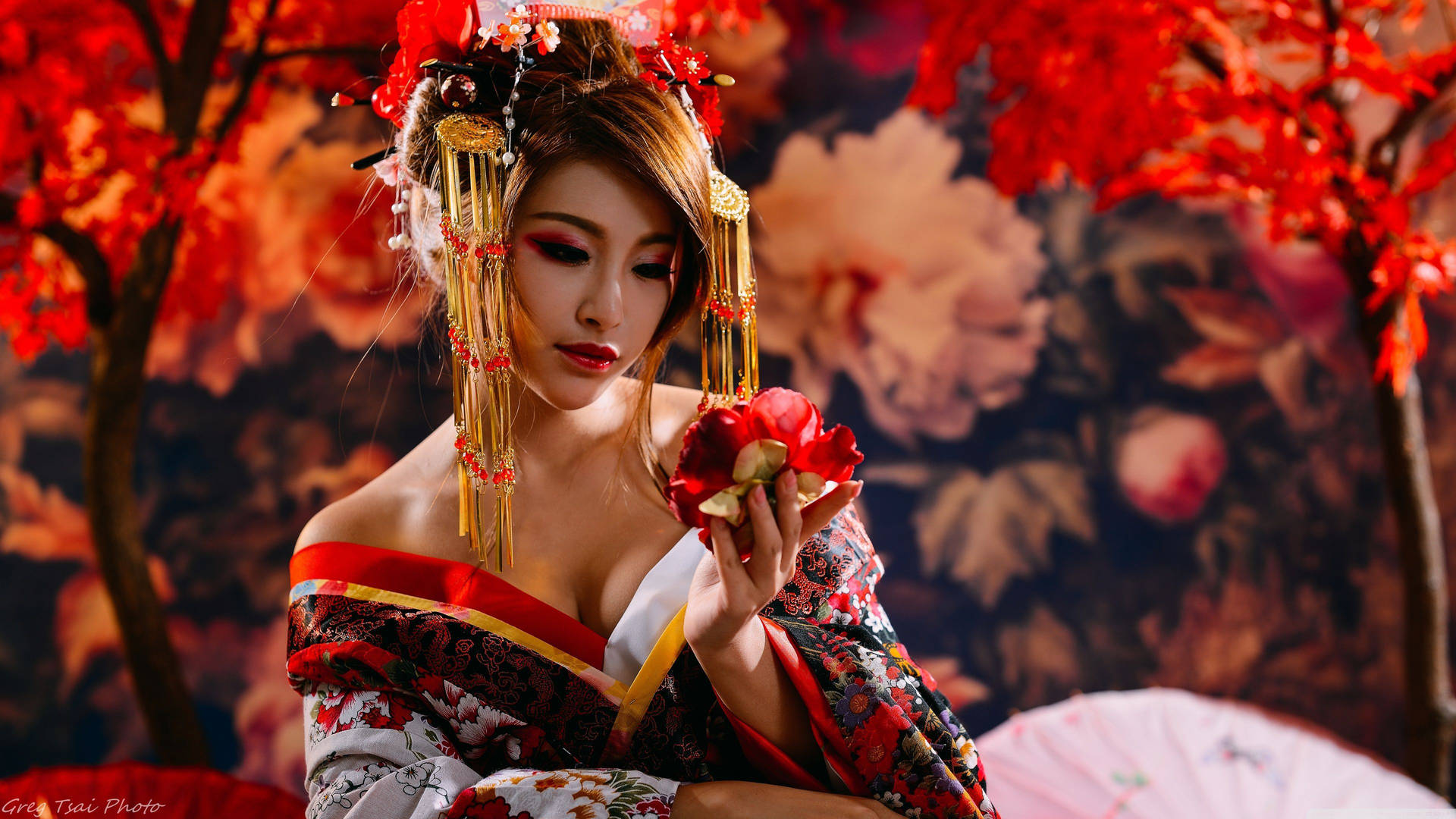 Japanese Girl With Red Flower Background