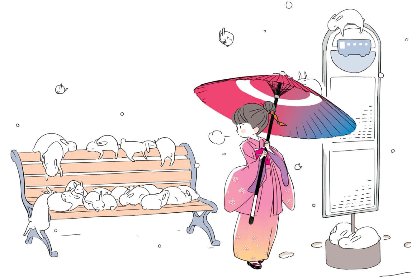 Japanese Girl With Umbrella And Cats Illustration Wallpaper