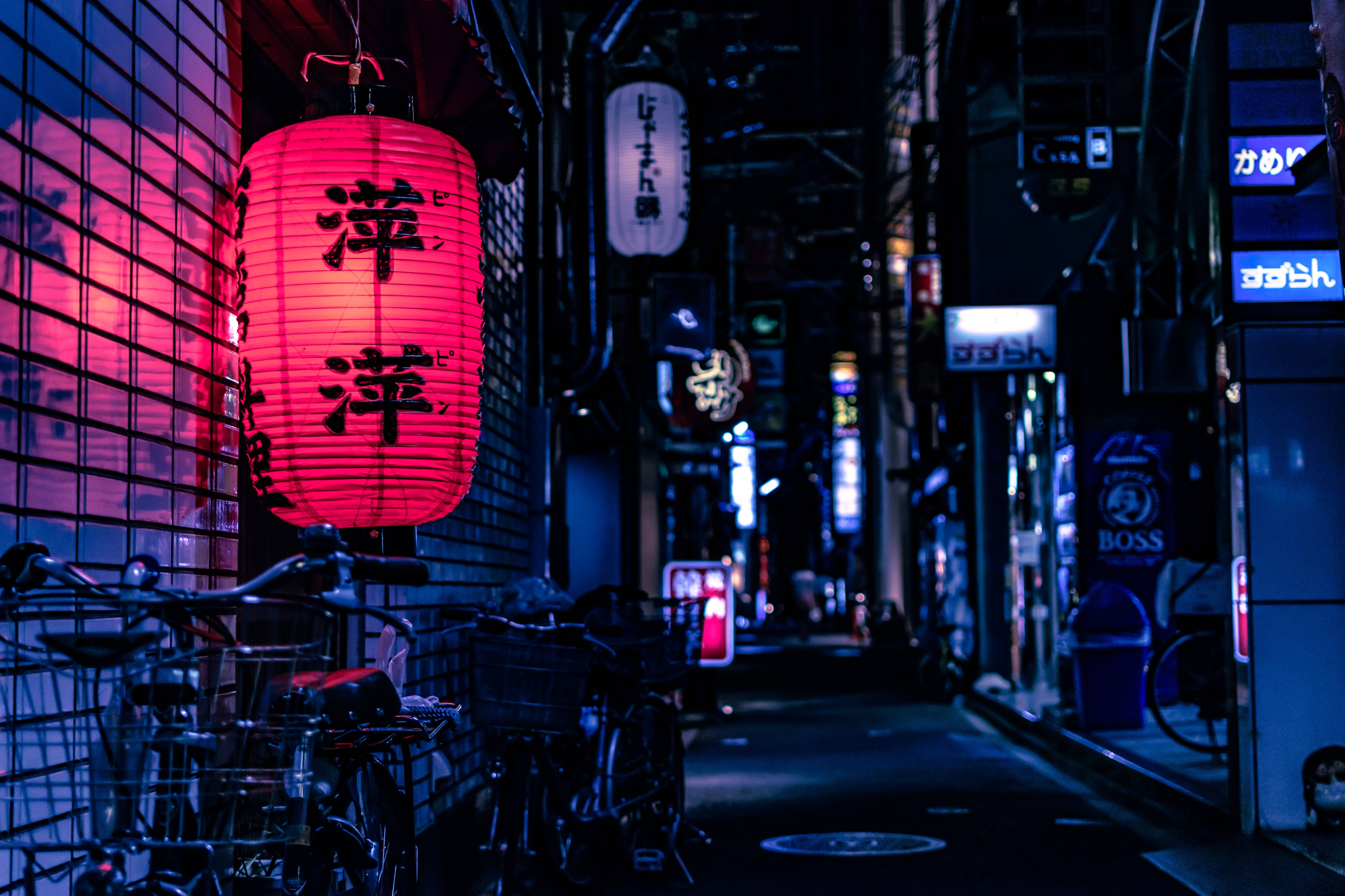 Japanese Hd Dark Alley Neon Red Lantern Picture