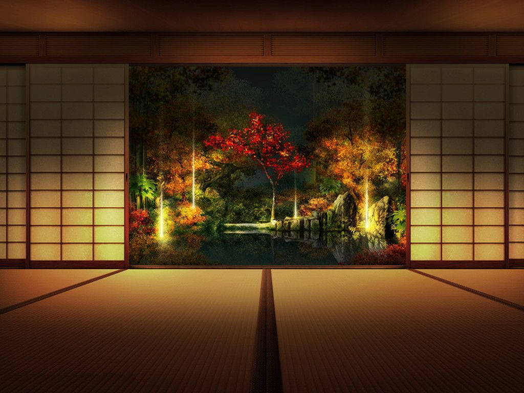 ─ Byg et japansk hus med shoji om natten Wallpaper