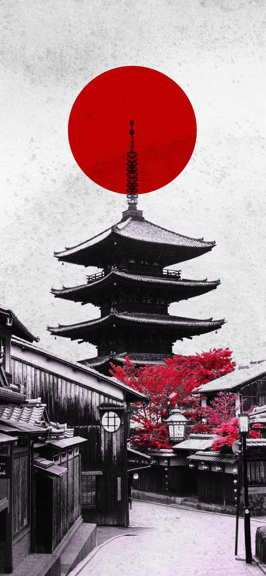 En rød pagode med en rød cirkel i midten Wallpaper