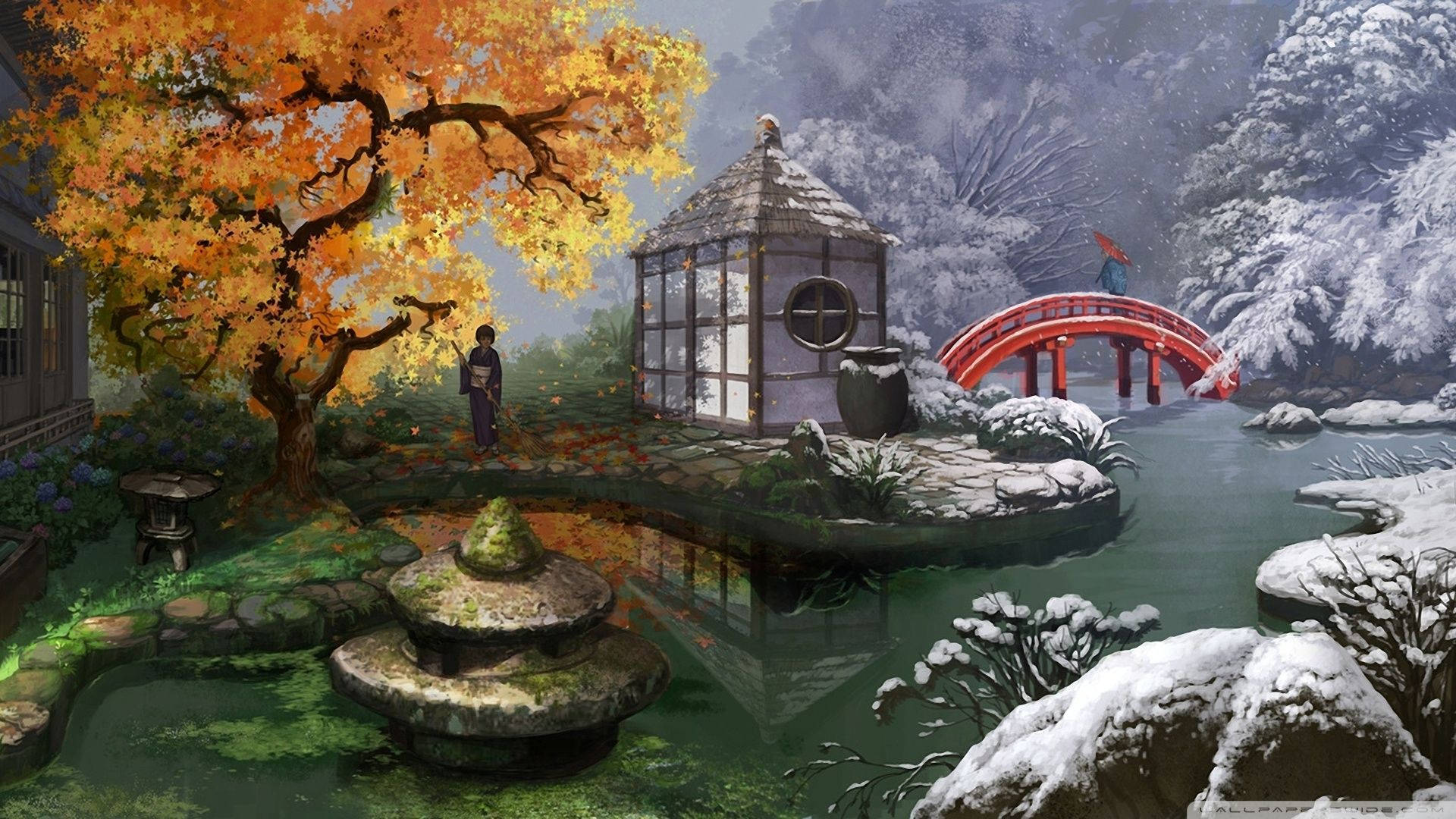 Japanese Nature Garden Painting Wallpaper