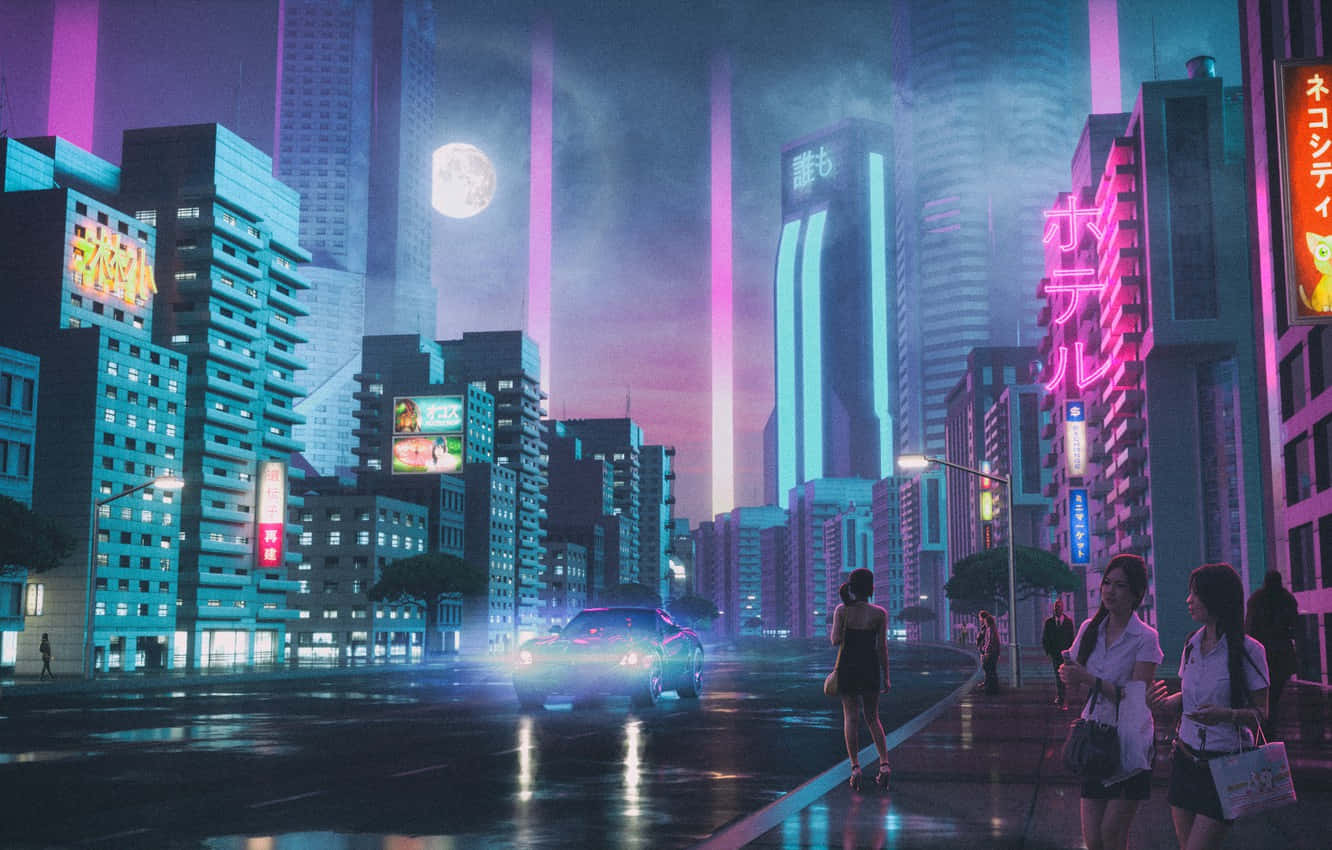 En by med neonlys og folk der går ned ad gaden Wallpaper