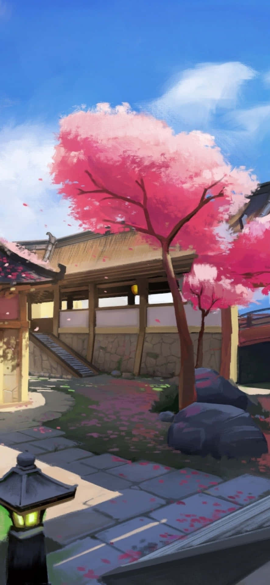 A Painting Of A Pink Building With A Pink Tree Wallpaper