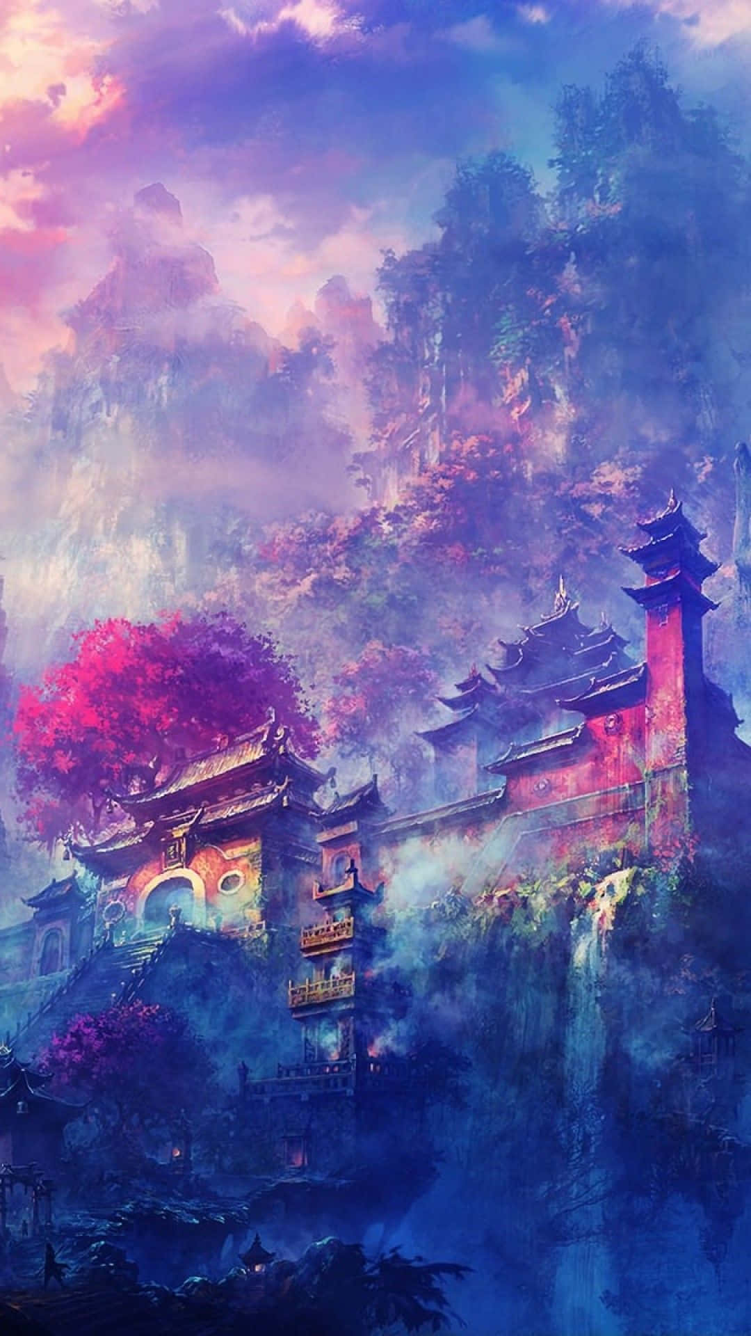 A Painting Of A Chinese Village With A Waterfall Wallpaper