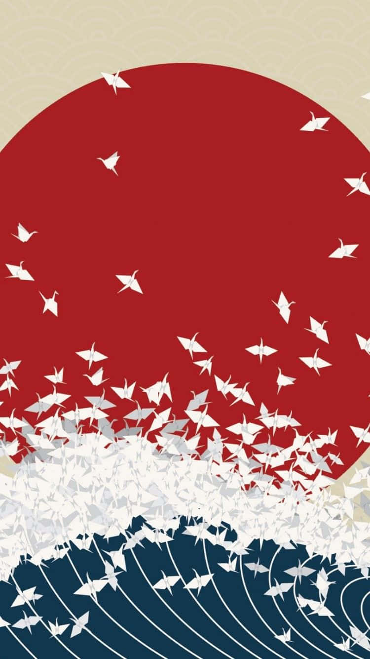 Japanese Phone Flag With Waves And Bird Origami Wallpaper