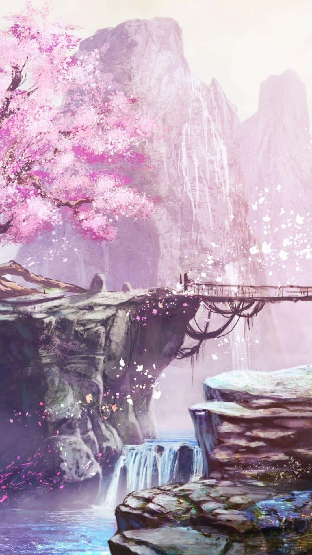 Japanese Pink Painting Bridge Waterfall Wallpaper