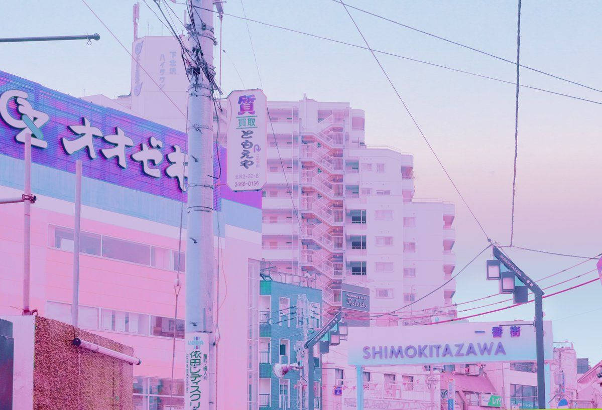 Japanese Pink And Blue City Wallpaper
