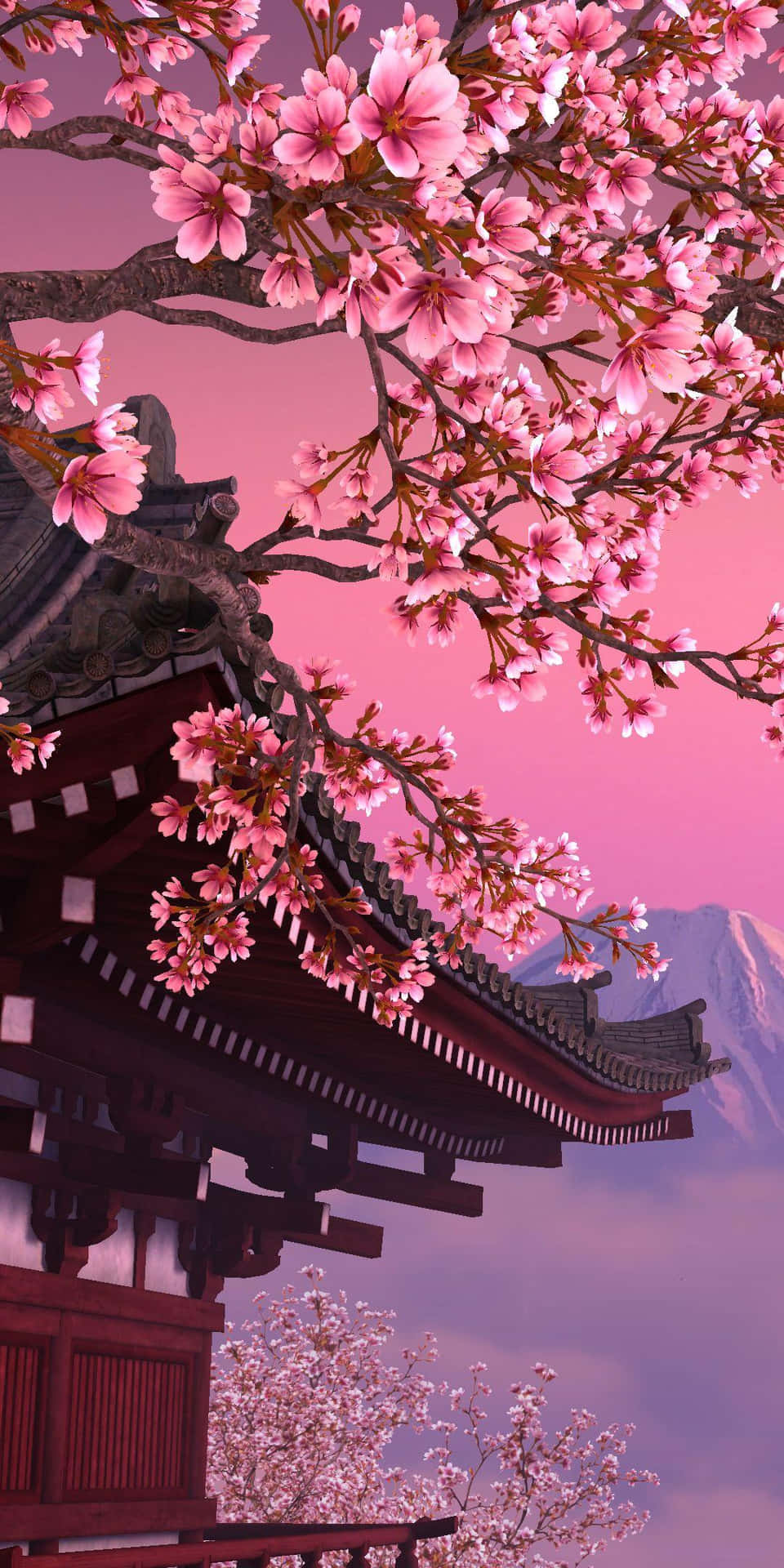 Blomstrandekörsbärsblommor I Japan Mitt I En Rosa Himmel Vid Solnedgången. Wallpaper
