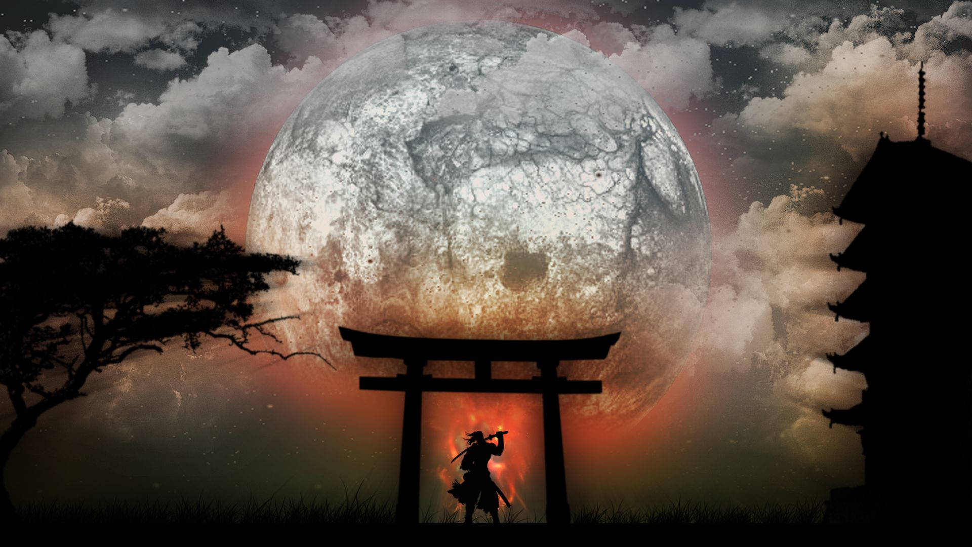 Japanese Samurai Moon Torii Wallpaper