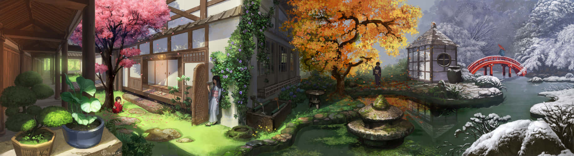 Japanese Sceneries In Corresponding Four Seasons Wallpaper