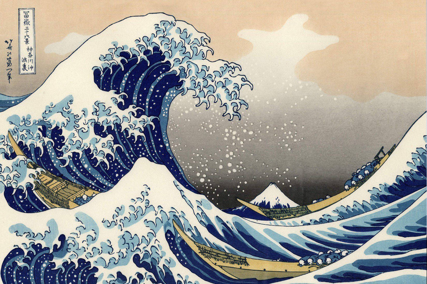 Japanese art of flowing blue ocean waves, painting.