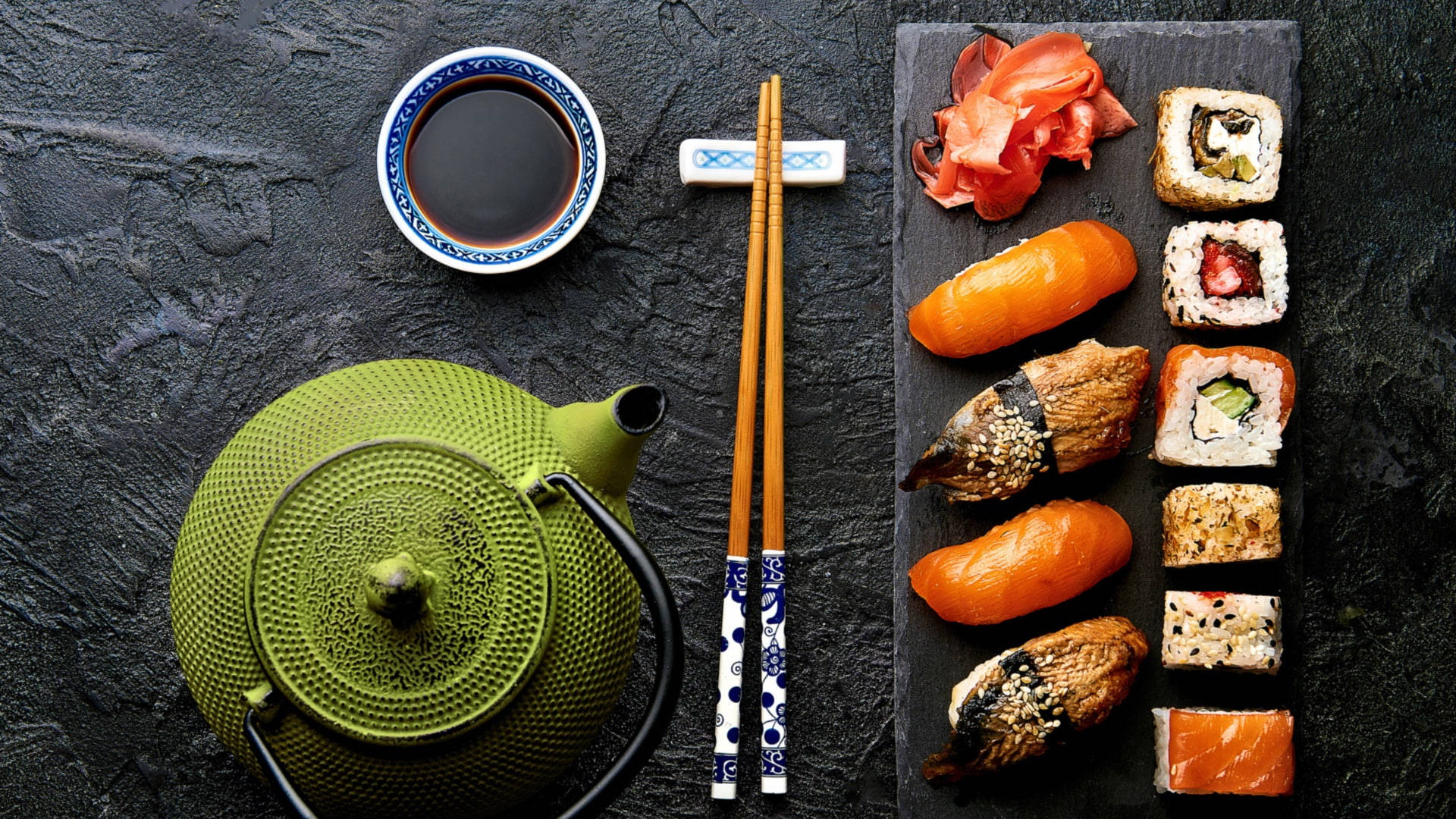 Japanese Sushi With Green Teapot Wallpaper