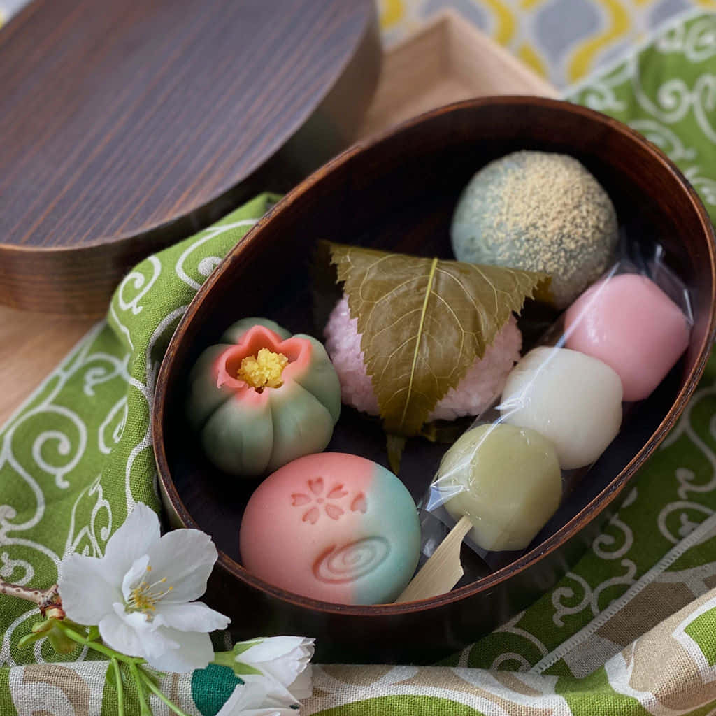 A delectable assortment of colorful Japanese sweets Wallpaper